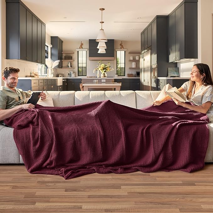 Bedsure 100% Cotton Blanket Twin XL Size for Bed - Breathable and Soft, Waffle Weave Blanket for Summer Spring, Burgundy Red, 66x90 inches