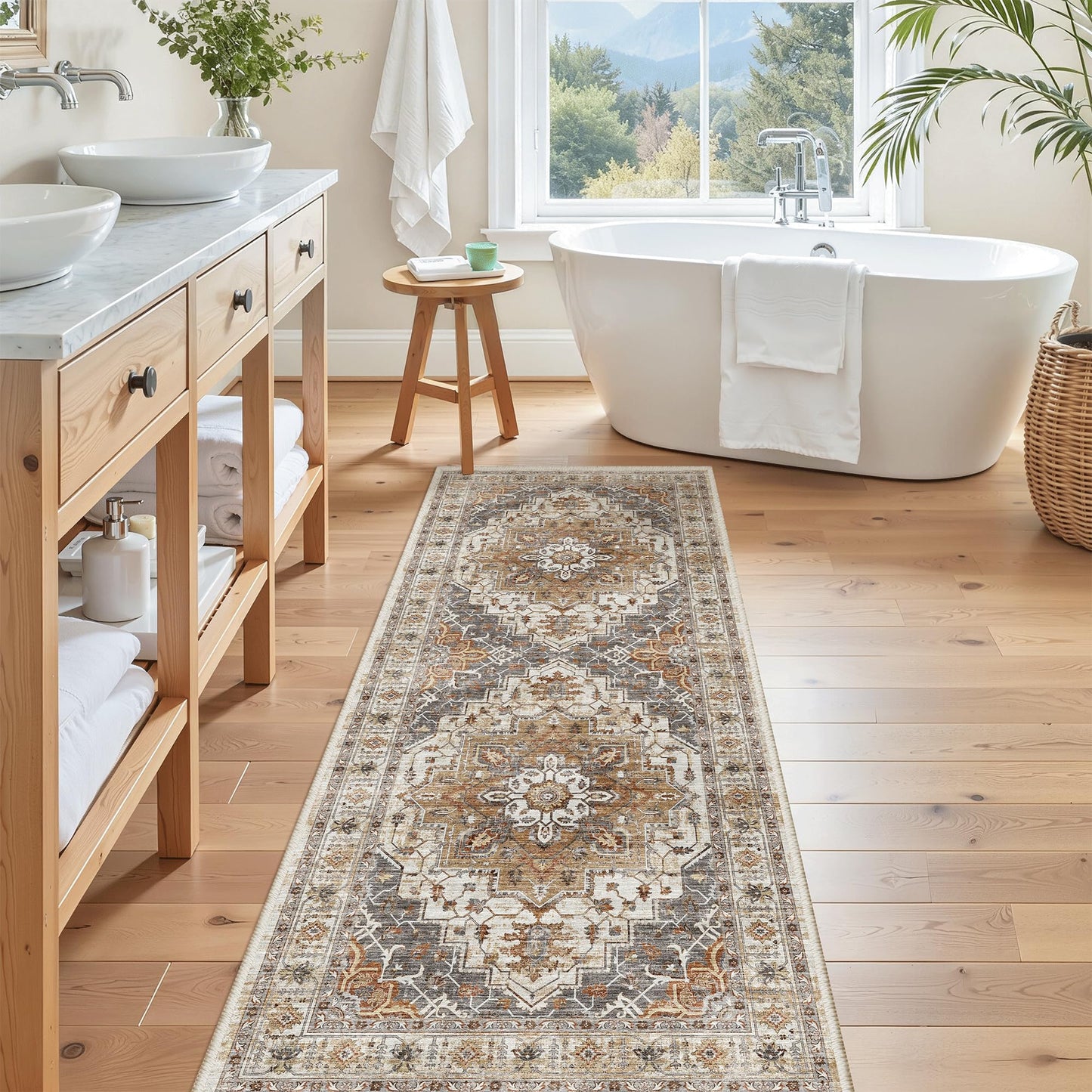 Madane Washable Runner Rug - 2x6 Rug Runners for Hallways 6 Feet Non Slip Vintage Kitchen Runner Rug Ultra-Thin Bathroom Runner Rugs Carpet Laundry Room Bedroom (2x6ft, Turmeric/Grey)