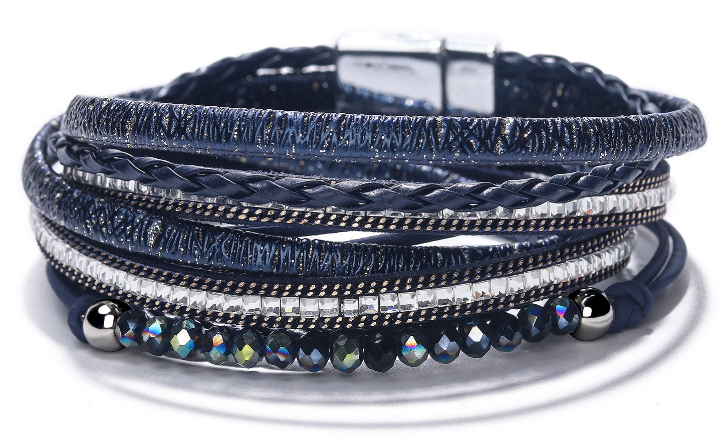 Leopard Bracelet for Women, Boho Leather Wrap Multi-Layer Pearl Crystal Bracelet Bangle Jewelry(Square(Blue))