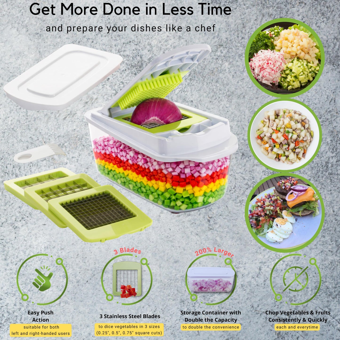 Brieftons QuickPush Food Chopper: Strongest & 200% More Container Capacity, 30% Heavier Duty, For Onion, Fruit and Vegetable Chopping, with 3 Dicer Cutter Blades, Keep-Fresh Lid, and 5 Recipe Ebooks