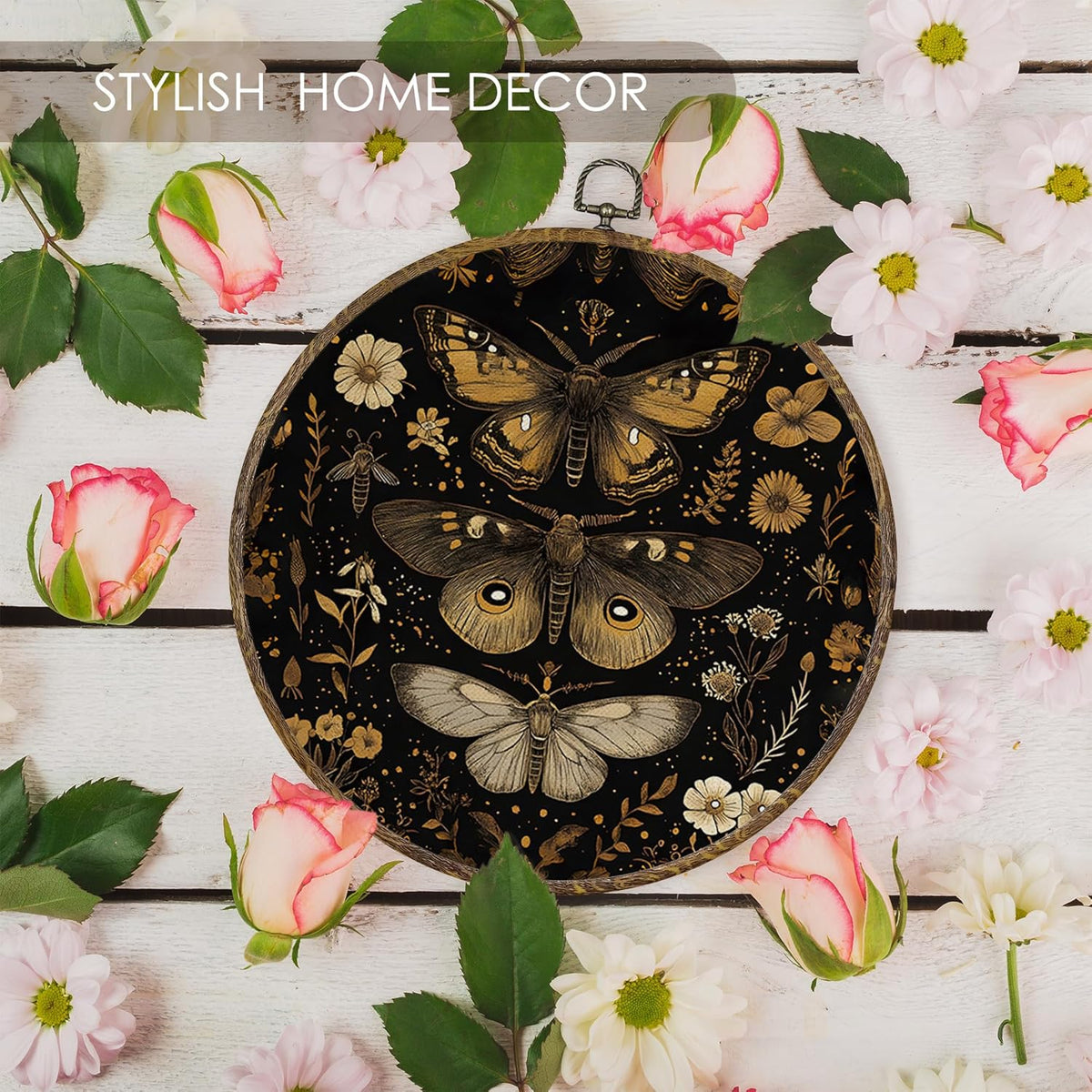 Fewgb Black Gothic Moth Round Wall Art Decor Framed for Gallery Bedroom Living Room Bathroom, Dark Witchy Butterfly Flower Canvas Wall Art Prints Picture, Moody Floral Hanging Room Decor Artwork 10x10