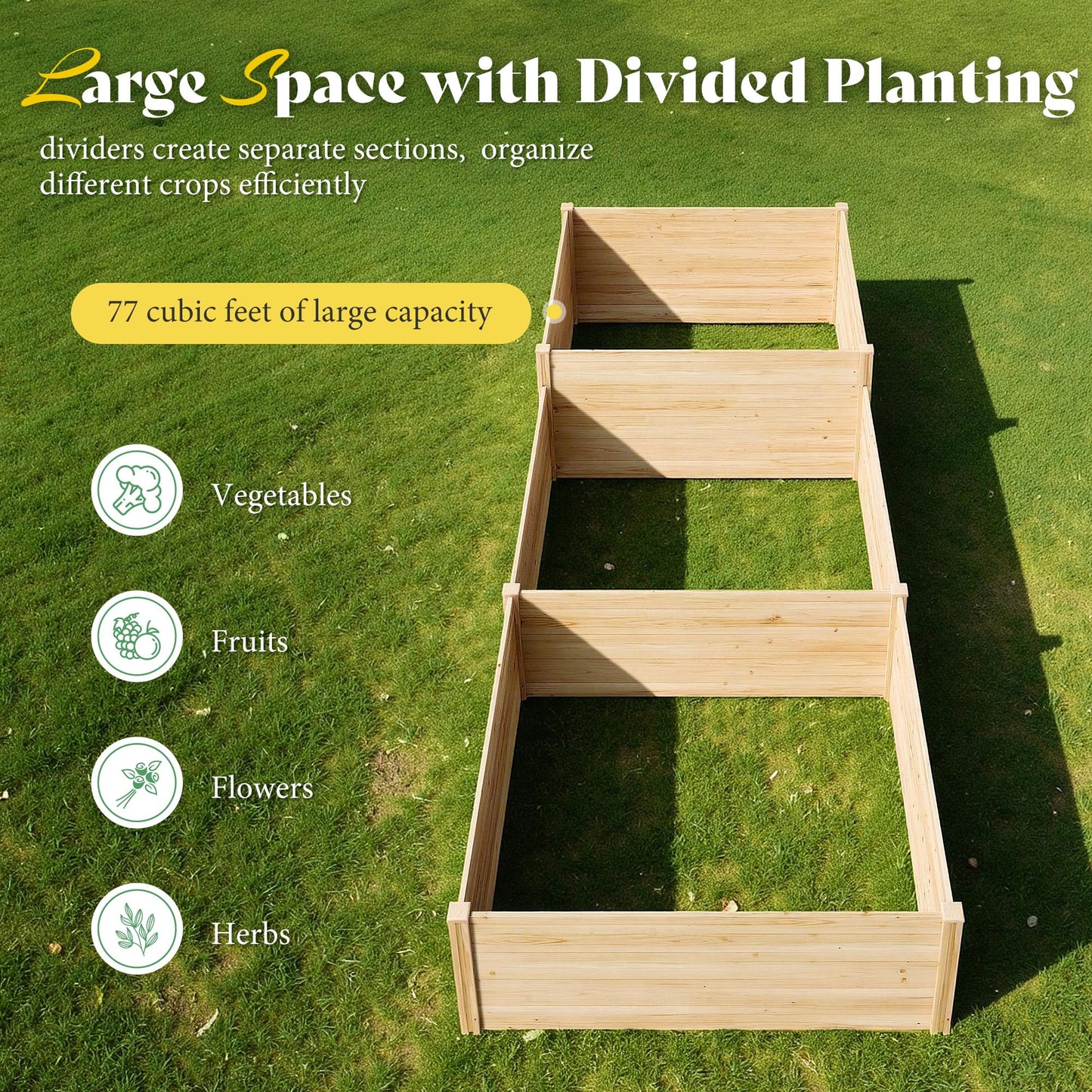 SPECRAFT 2-Tier Raised Garden Bed, 23-Inch Deep Fir Wood Planter Box with Mortise & Tenon Structure, 3-Section Open Base for Vegetable, Flowers & Herb, for Backyard, Garden, Patio, 142 x 49 x 24 in