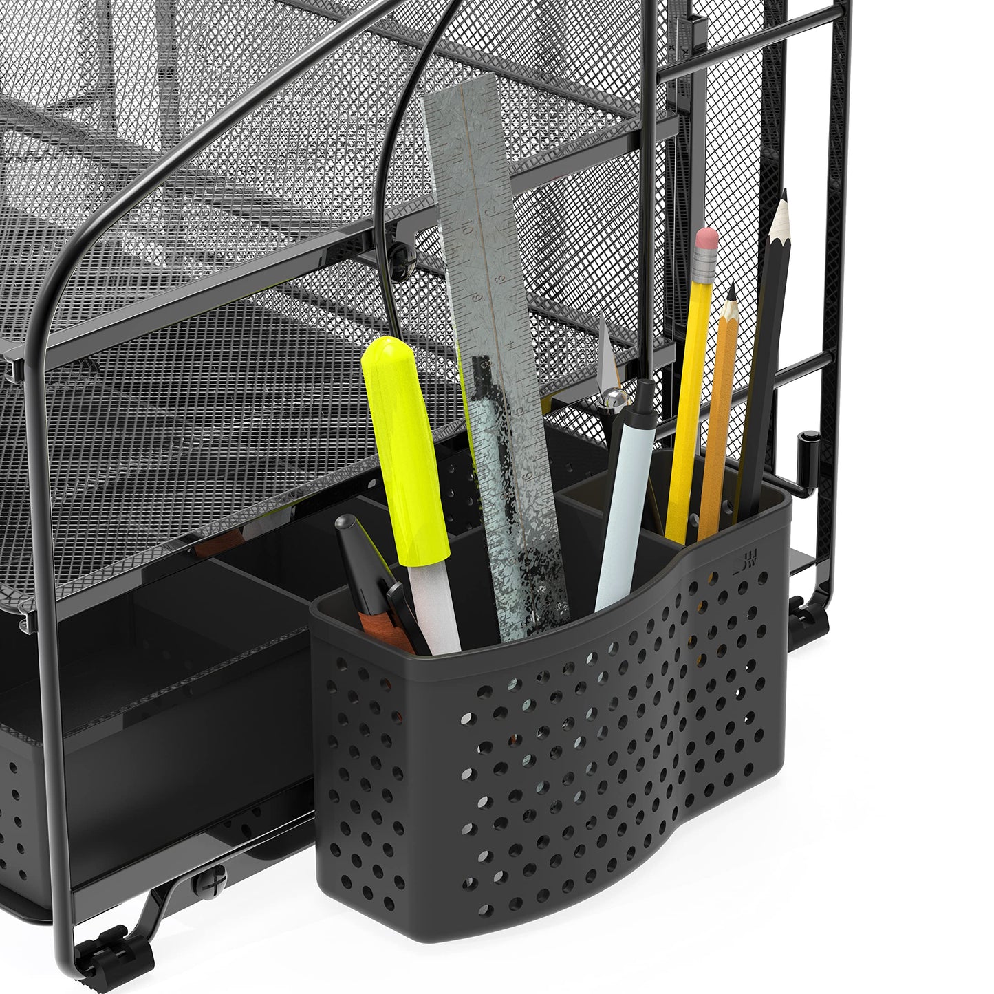 Simple Houseware 3-Tier Desk Organizer with Sliding Drawer, Hanging File Holder and Pen Holder Accessory, Black