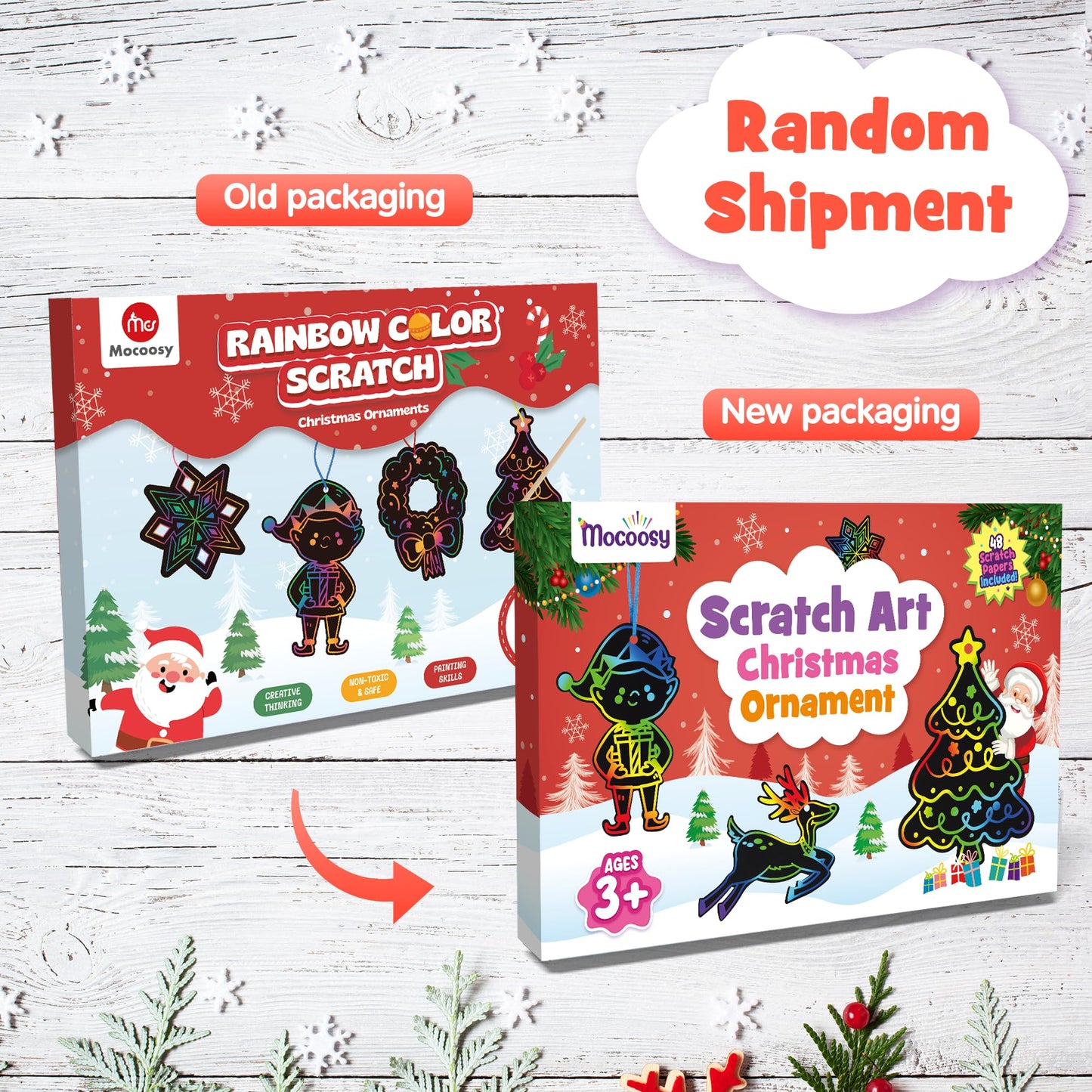 Mocoosy 48 Pcs Christmas Scratch Art Ornaments, Christmas Crafts Kit Bulk for Kids Stocking Stuffers, Rainbow Magic Scratch Paper Cards Xmas DIY Hanging Ornaments for Winter Holiday Decorations