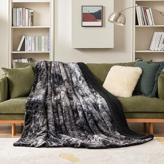 Bedsure Sherpa Blanket Queen Size - Soft, Fuzzy & Fluffy Faux Fur - Warm, Cozy Blanket for Couch, Sofa and Bed, Tie Dye Design, Black, 90x90 Inches