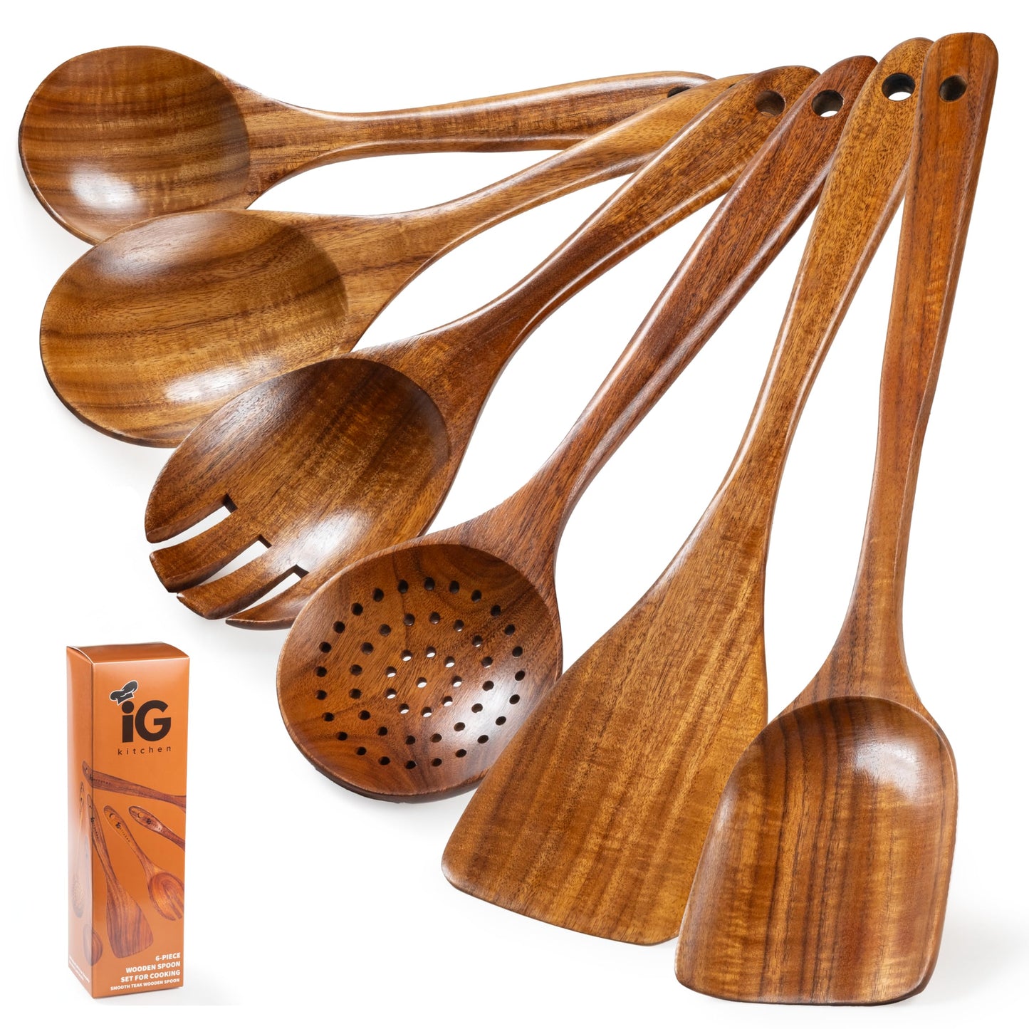 New Kitchen 6 Piece Non Toxic Wooden Spoons for Cooking - Smooth Finish Teak Kitchen Utensils Set - Non-Stick Wooden Spatula Perfect for Pasta, Mixing and Kitchen Essential and Gift