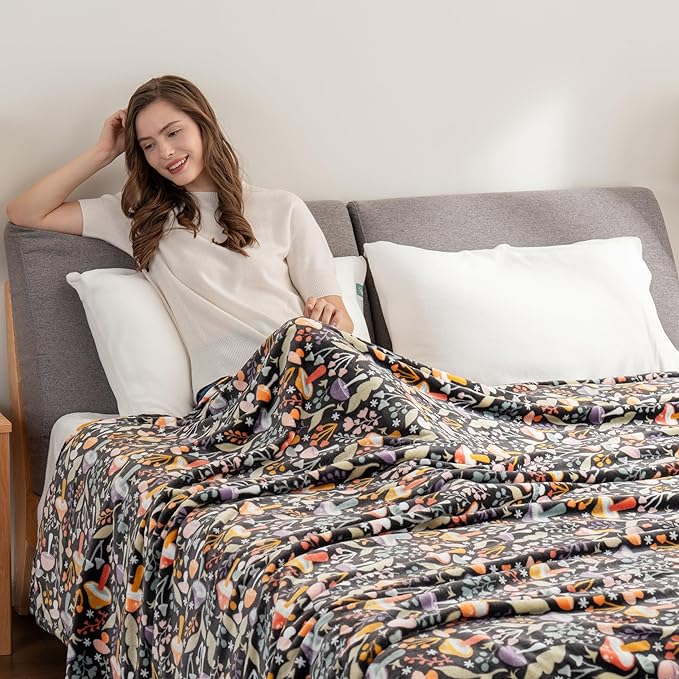 Berkshire Blanket-Classic Heavyweight Soft Printed VelvetLoft® Plush Warm Blanket, Twin Size Soft Fuzzy Blanket for Couch Sofa Bed, Mushroom Cutie Charcoal, 60in x 90in