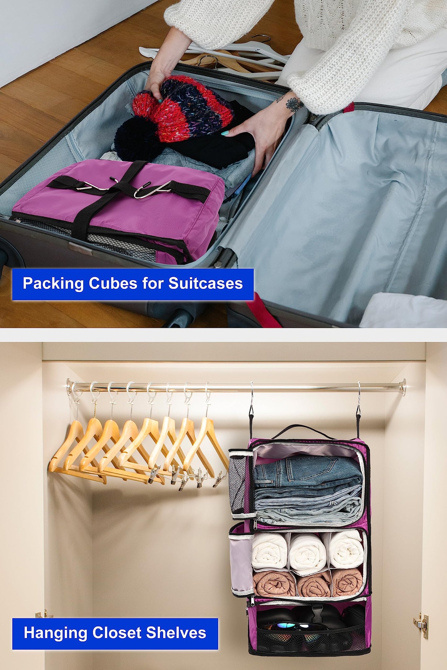 ELEZAY Hanging Packing Cubes Portable Closet 3-Shelf Travel Collapsible Compression Garment Organizer for Carry-on Luggage Suitcase Space Saver Bag X-Large_No Side Pockets, Purple
