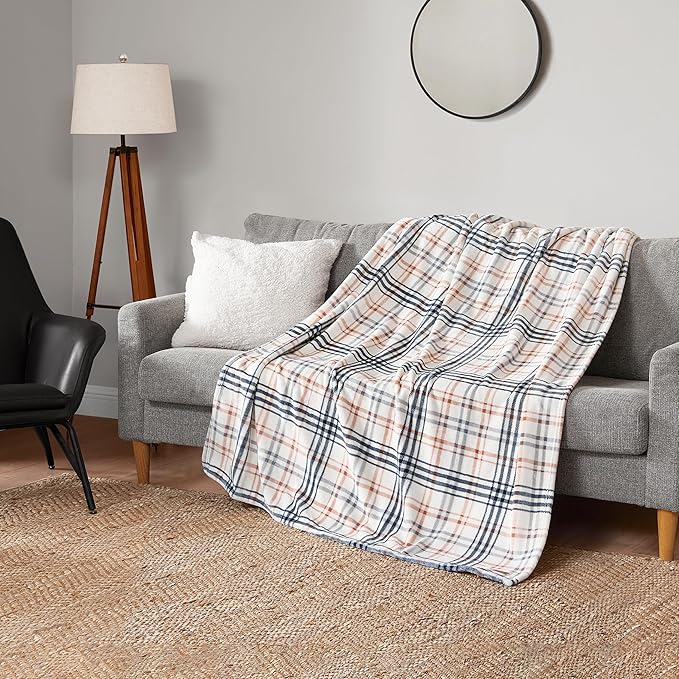 Lucky Brand Camper Plaid Beige 50"X70" Cozy Plush Blanket - Premium Microfiber Throw for Luxurious Comfort and Style