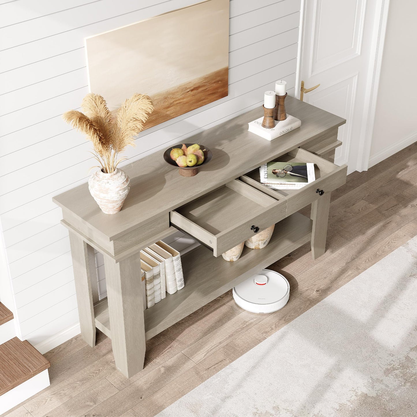 Garvee 54-Inch Long Console Table with Drawers, Wooden Rectangular Entryway Table w/Open Storage Shelf, Sofa Table Behind Couch, Farmhouse Entry Foyer Table for Entryway, Hallway, Living Room
