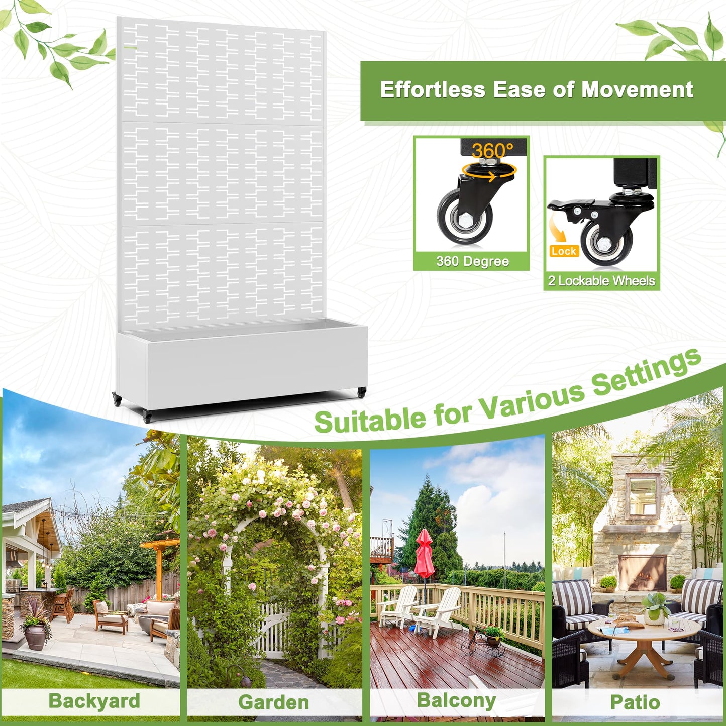 FENCY Metal Raised Garden Bed with Wheels and Trellis,73"x47"x16" Planter Box for Climbing Plants, Vegetables & Vines, Features Privacy Screen and Drainage Holes (White-Brick)