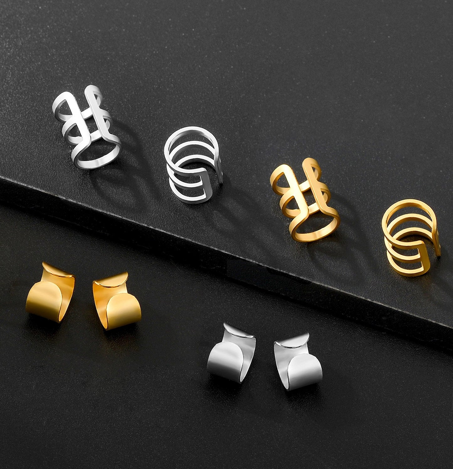 Tornito 4-10 Pairs Stainless Steel Ear Cuff Helix Cartilage Clip On Wrap Earrings Fake Nose Ring Non-Piercing Adjustable (B3:4 Pairs, Silver&Gold Tone)