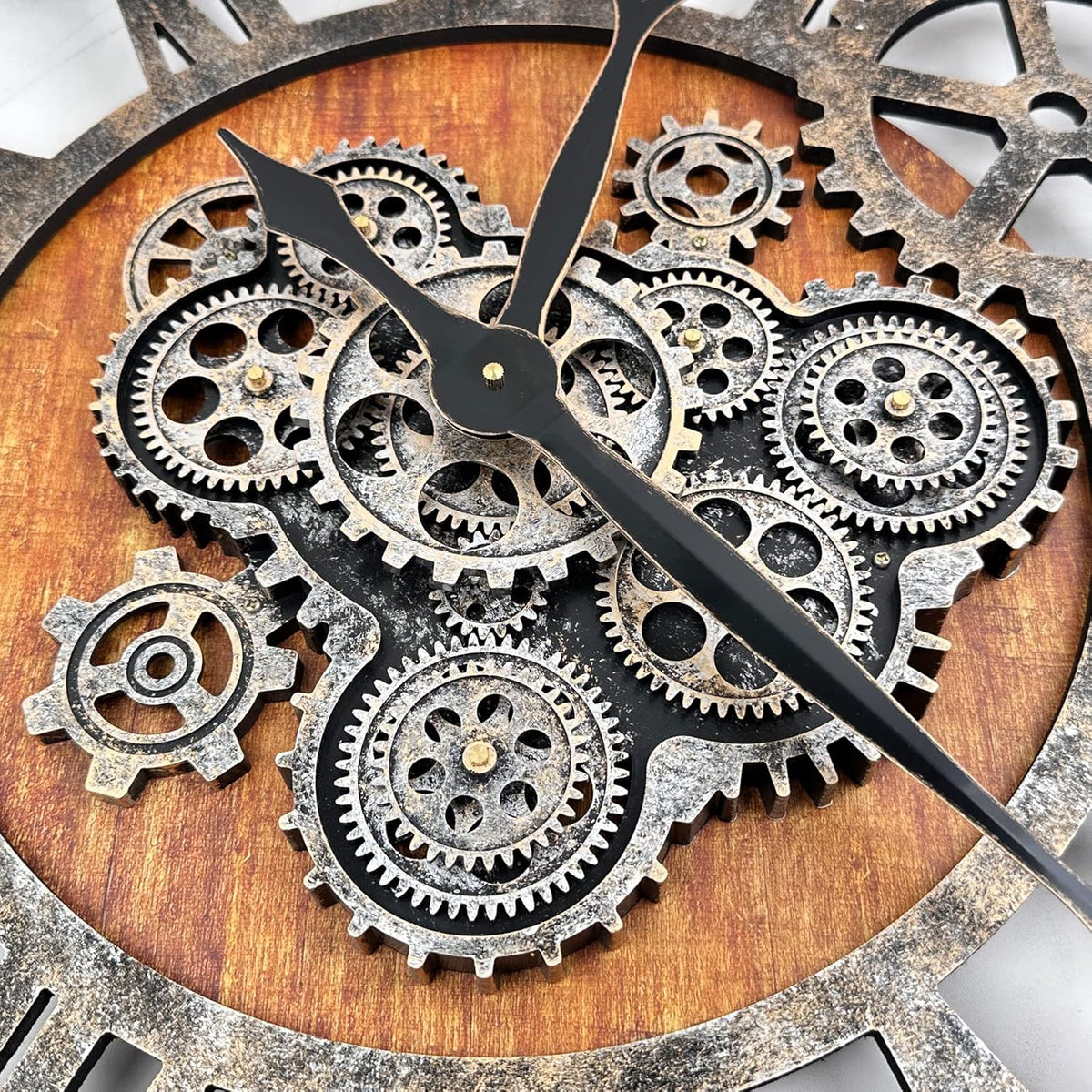 The B-Style 36" Large Moving Gear Wall Clock Oversized Vintage Farmhouse Wall Clocks for Living Room Decor Rustic Industrial Wood Clock (Brwon with Bronze Gears)