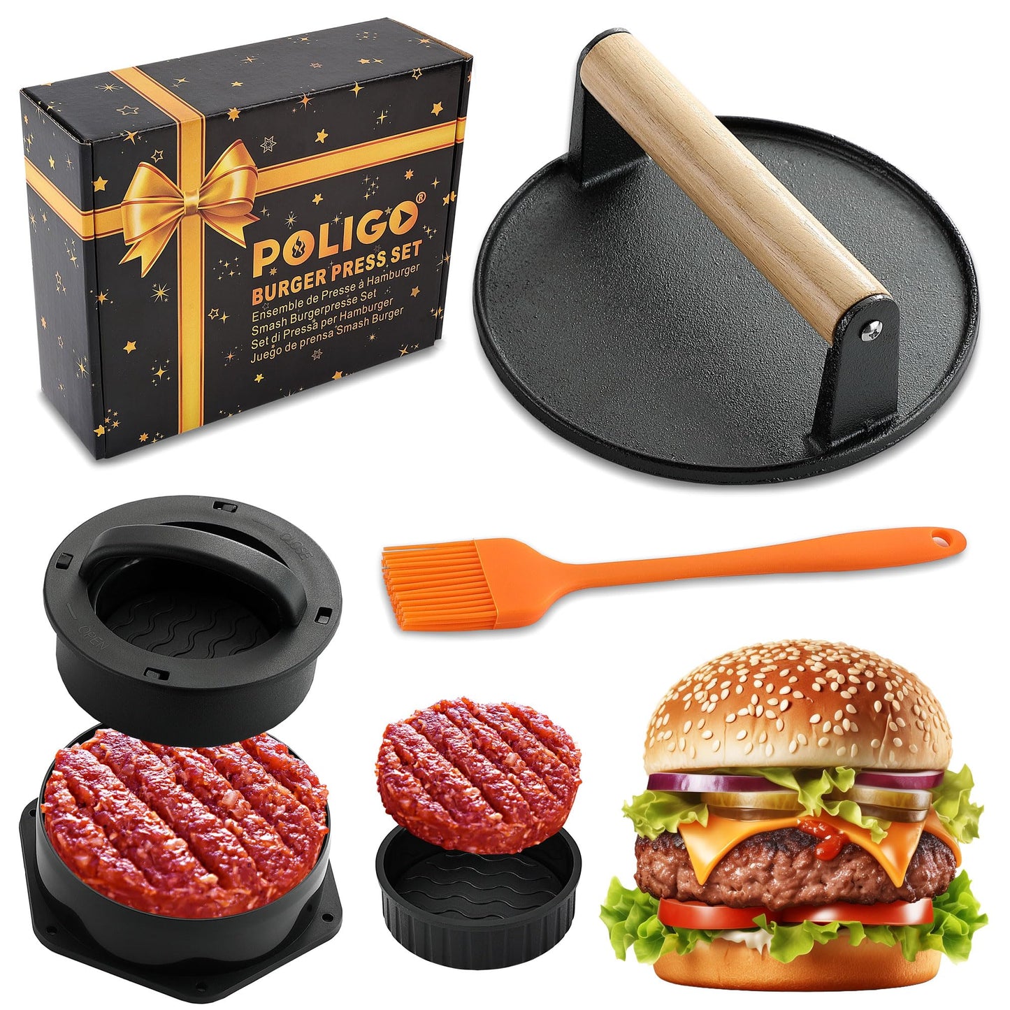 POLIGO Smash Burger Press Kit - 4 in 1 Hamburger Patty Storage Containers, 6.69" Cast Iron Smash Bacon Press - Non Stick Smash Burger Press Set for Grill and Griddle Cooking, Black Round