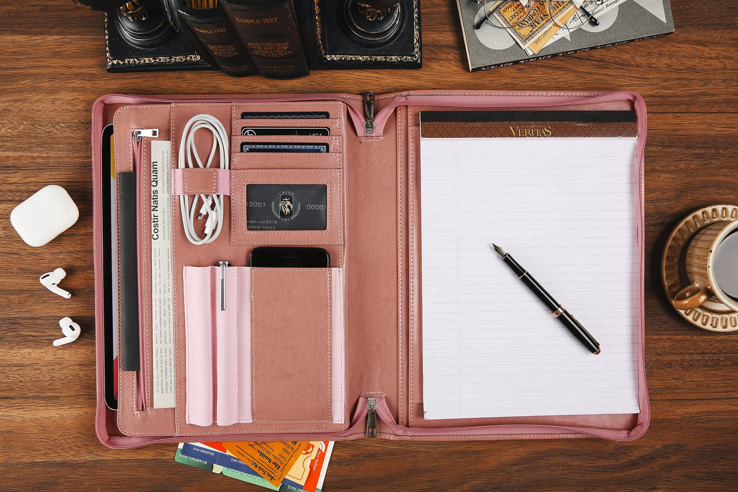 Padfolio for Women, Pink Leather Portfolio with Zipper, Vegan Leather Business Portfolio Organizer with A4 Writing Pad Holder for Resume, Interview, Meeting, Non-Custom