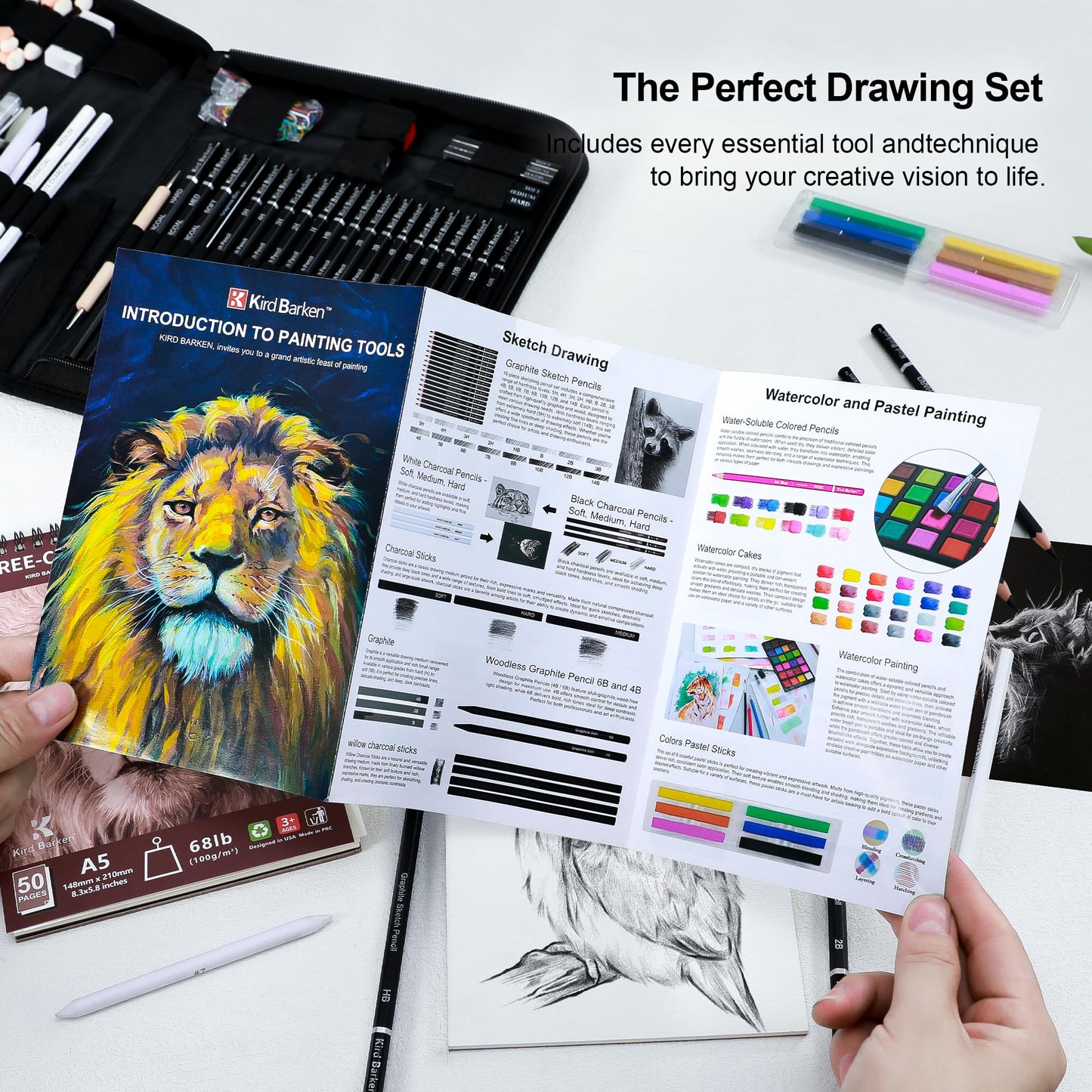 Kird Barken 112 PCS Professional Drawing Set Sketch Kit with 3-Color Sketchbook, Graphite & Charcoal Pencils,Sketching Supplies for Shading & Blending – Ideal for Artists, Adults, Teens & Beginners