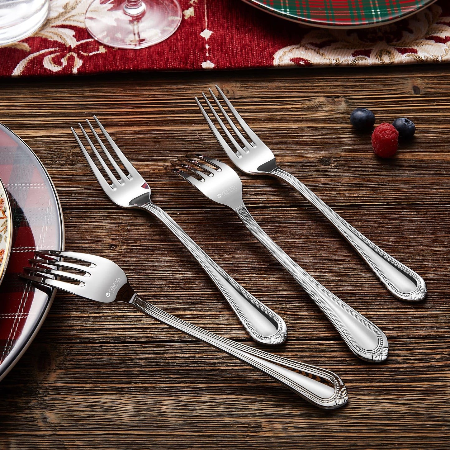 KEAWELL Pearl Edge 4-Piece Premium Fork Set, 18/10 Stainless Steel, Fine Silverware with Mirror Finish, Dishwasher Safe (4, 8" Dinner Forks)