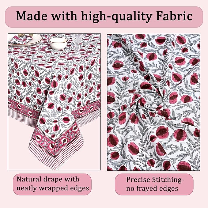 Ridhi -Sangria Red Cotton Tablecloth, Handblock Print Floral Table Cloth for Kitchen Dining Linen I Thanksgiving, Christmas, Wedding, Fall Décor 4 Seater 60x60 Inches Square