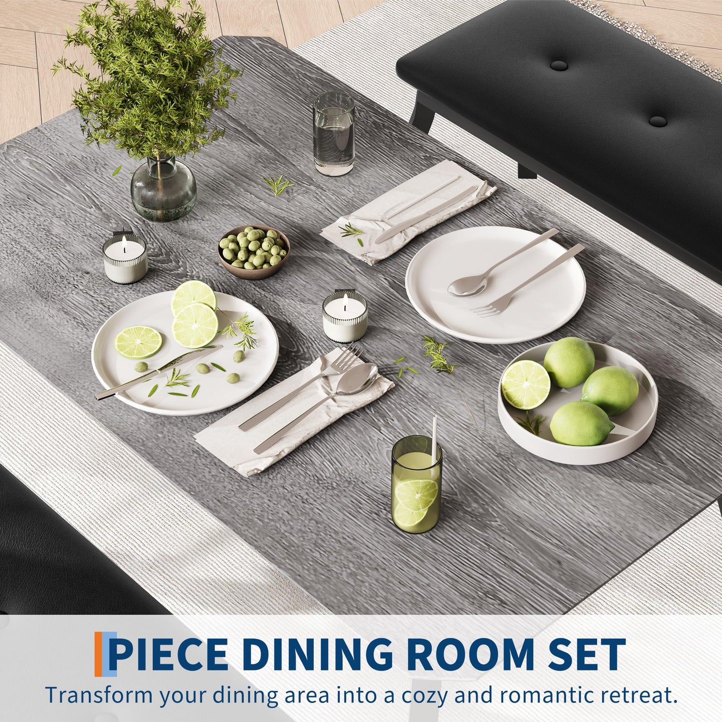 Dining Table for 4, 3-Piece Kitchen Table Set for 4 with Wooden Tabletop and Metal Frame, Industrial Kitchen Table with 2 PU Leather Benches for Bar, Dining Room, Restaurant(43''x28''x30''), Gray