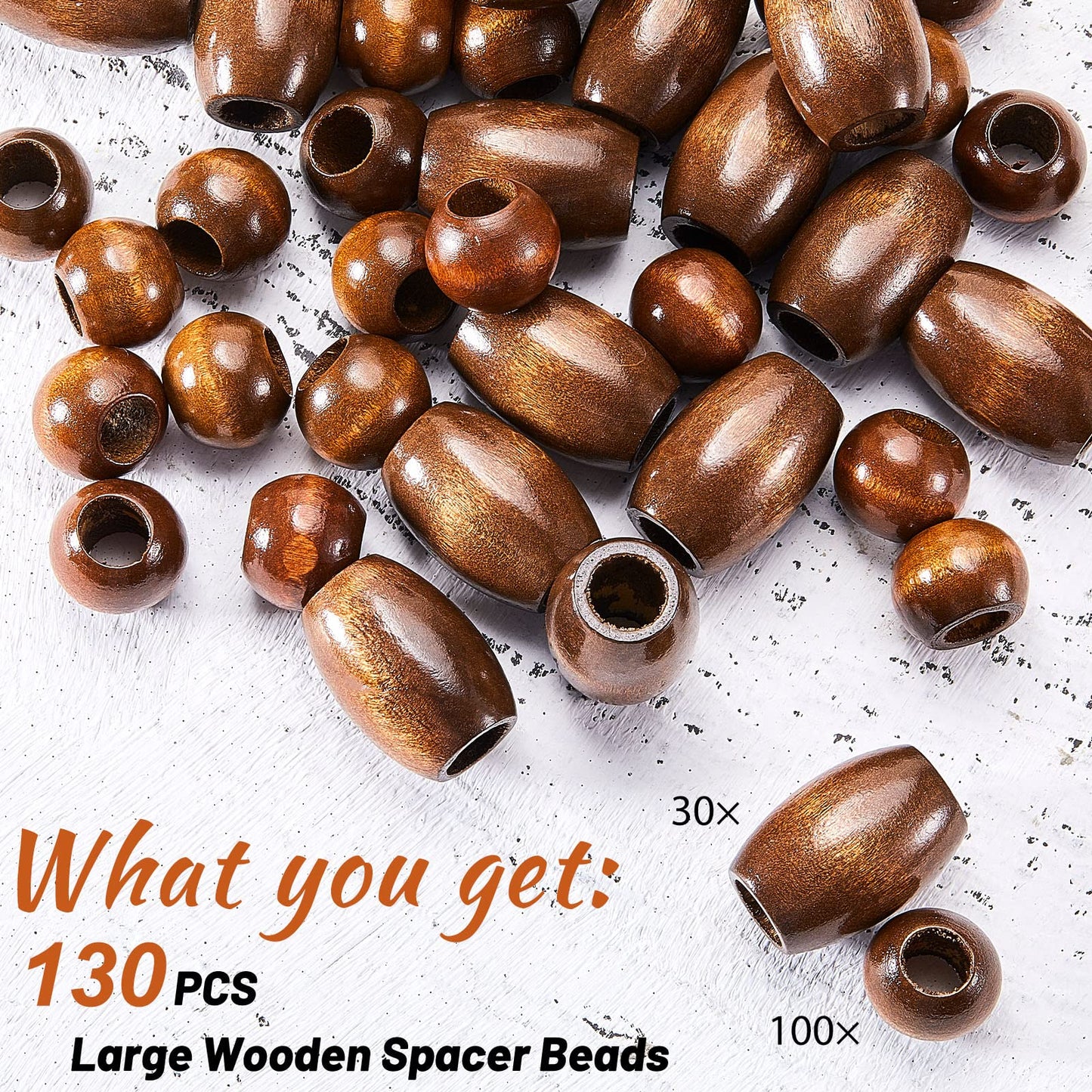 WILLBOND 130 Pieces Macrame Wooden Beads 10mm Hole Loose Beads with Hole for Macrame Making Kits Supplies Jewelry Bracelet Making Hair DIY Craft Handmade Decor(Brown, Classic)