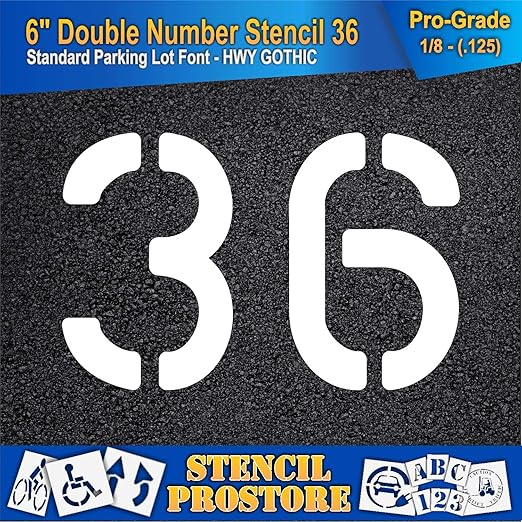 Pavement, Curb, and WheelStop Stencils - 6 inch Double Number Stencil - (36) - 6" x 9" x 1/8" (128 mil) - Pro-Grade