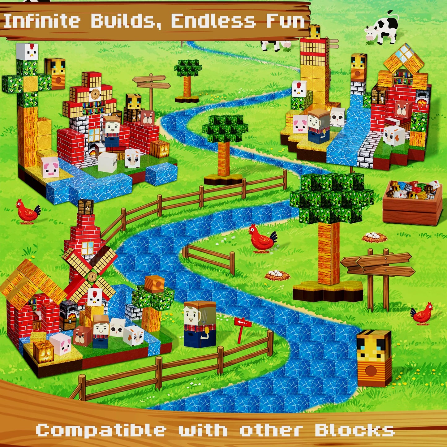 ClickCubz Farm-Themed Magnetic Blocks – 150PCS STEM Toy Gift for Kids Age 3+ w/Storage Box, BPA-Free, Stackable Strong Magnets
