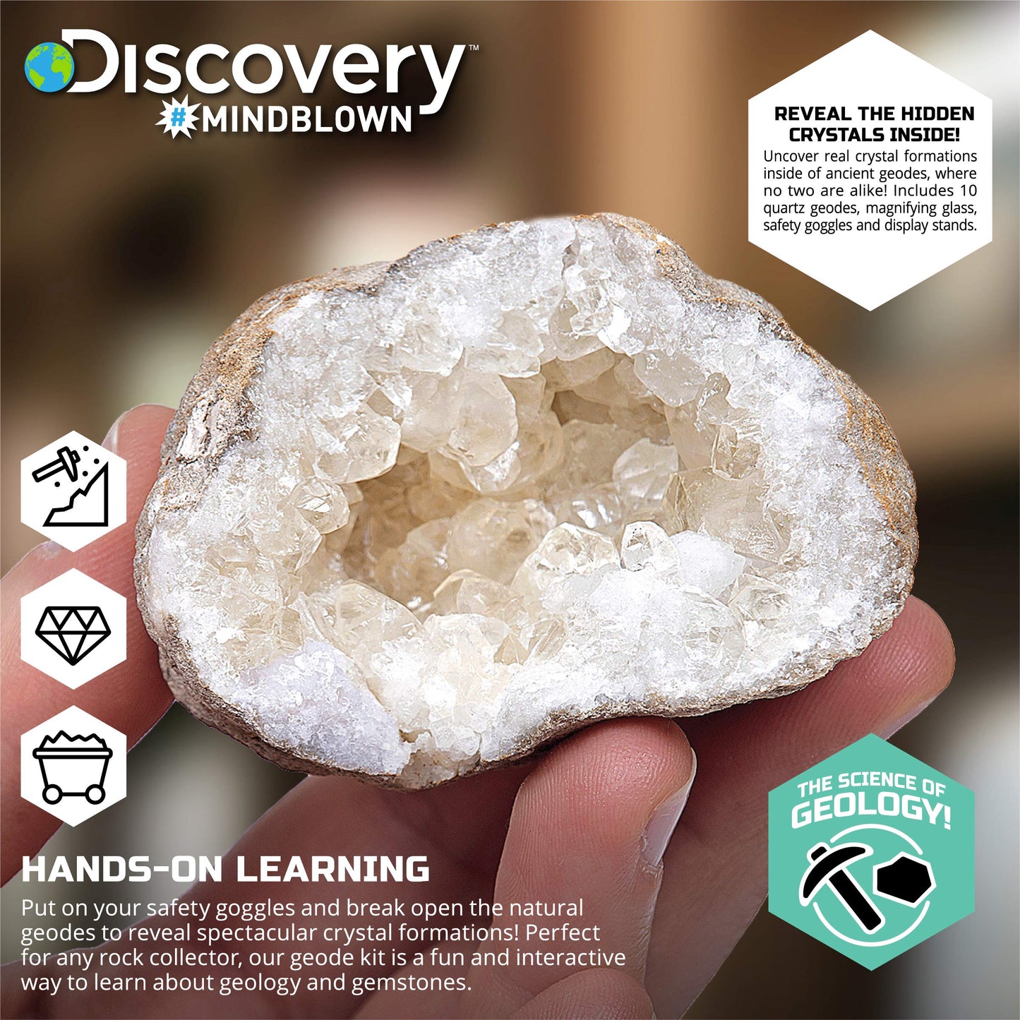 Discovery™ Crack-Open Geode Kit – Mystery Crystal STEM Science Set | 10 Natural Quartz Geodes | Kids Goggles, Magnifying Glass & Display Stands | Rock Dig Activity Toy| Educational Experiment Gift