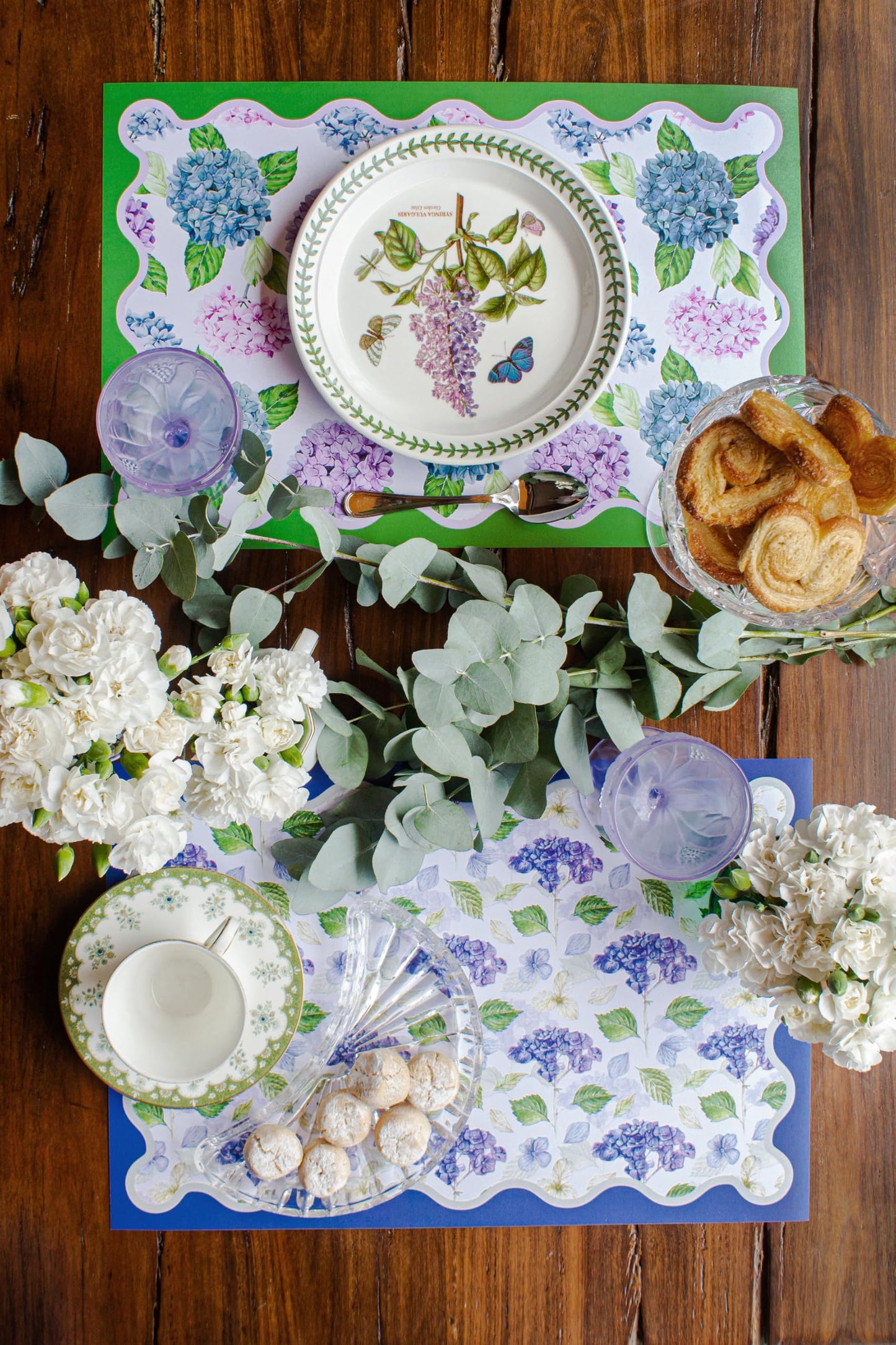 Disposable Paper Placemats 24 Pack 12x18 Inch - 2 Hydrangea Floral Scalloped Edge Designs Tear-Off Pad - Spring Brunch Mother's Day Bridal Luncheon Baby Shower Table Decor - Elegant Entertaining Gift