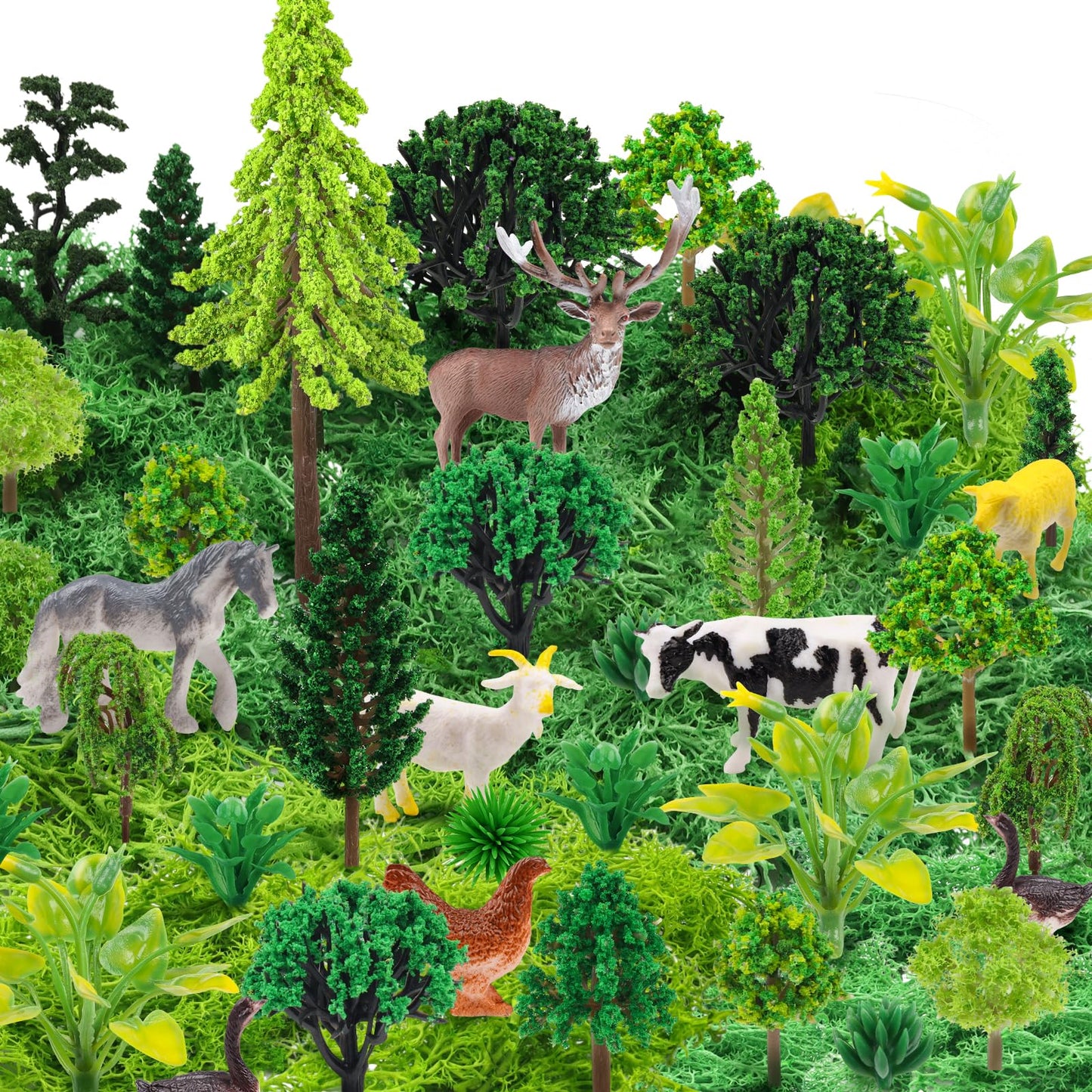 QUOZUO 36 Pcs Green Mixed Model Trees with 40g Moss, Diorama Trees Grass Mini Fake Miniature Trees Moss for Building Model, Model Train Scenery, Natural Green Landscape, Railroad Scenery
