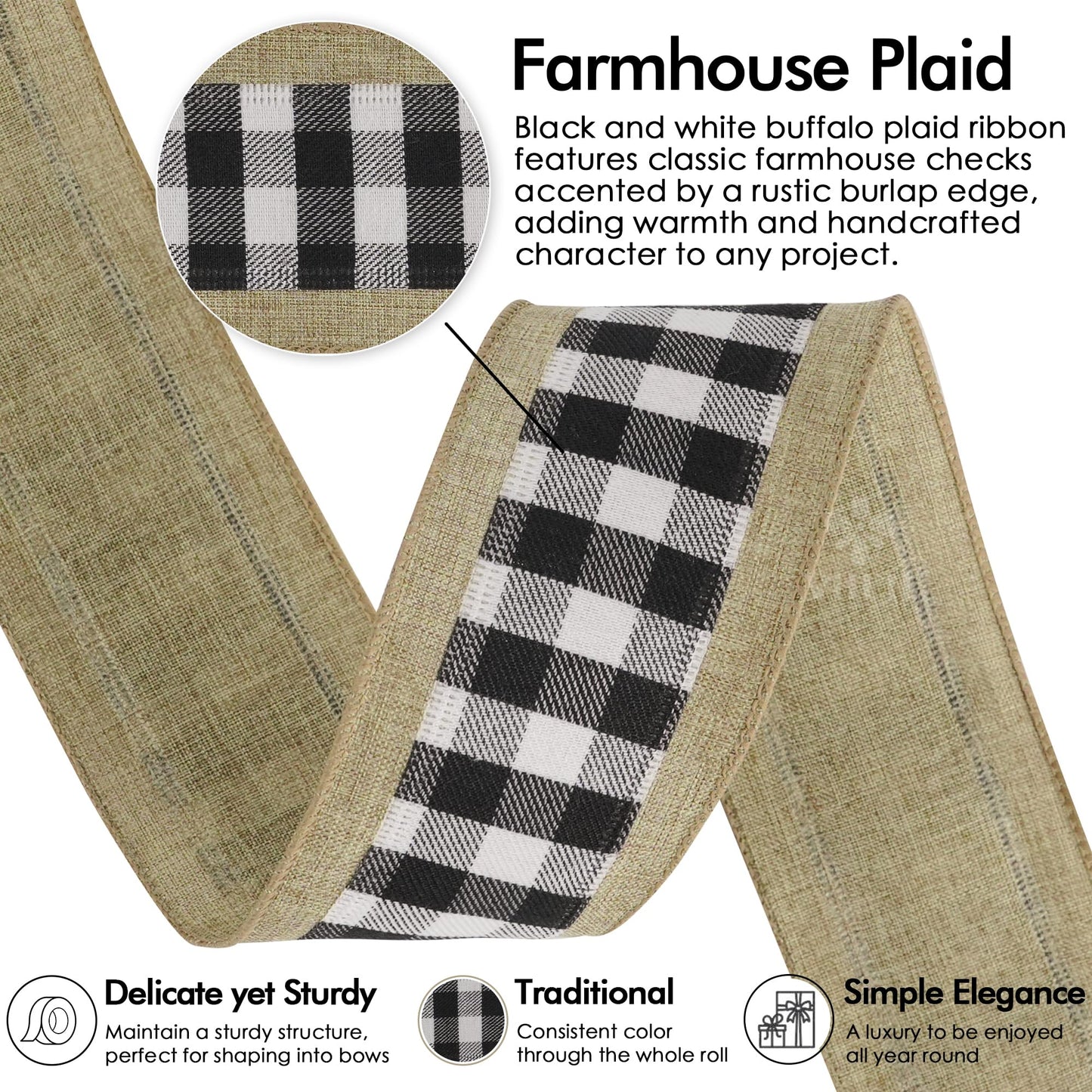 MEEDEE Buffalo Plaid Ribbon with Burlap Wired Edges 2.5 Inch Wide 10 Yards Black and White Ribbon for DIY Bows, Christmas Tree, Gift Wrapping, Wreaths