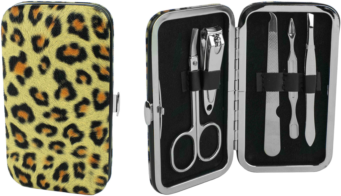 5-Piece Manicure Grooming Kit Set in Leopard Print Travel Case (Clipper, Scissor, Double-Sided Push Stick, Nail File, Tweezers)
