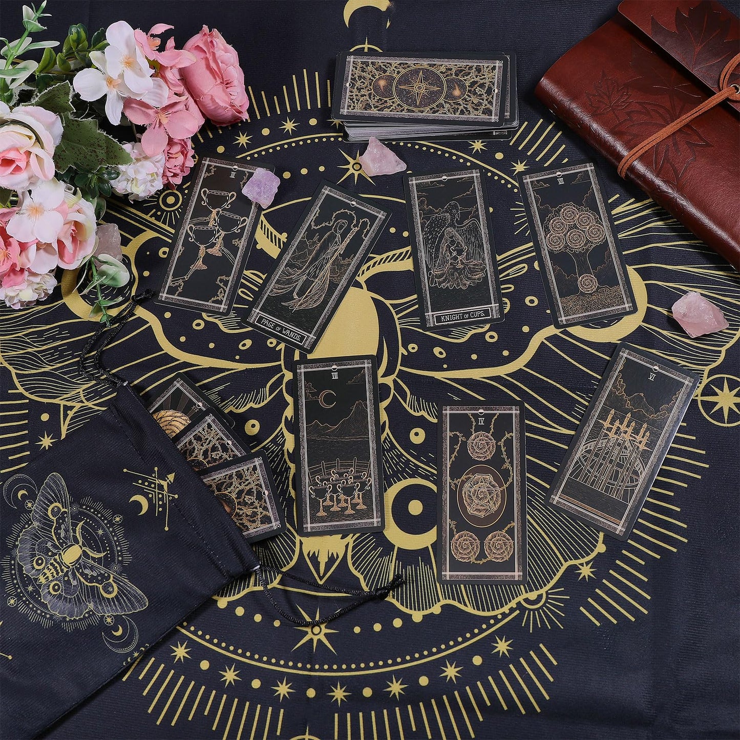 GLOBLELAND 30" Golden Moth Divination Tarot Cloth and Cards Bag Insect Moons Thick Velvet Fabric Tablecloth Mat with Classic Tarot Card Storage Pouch for Wiccan Room Beginner
