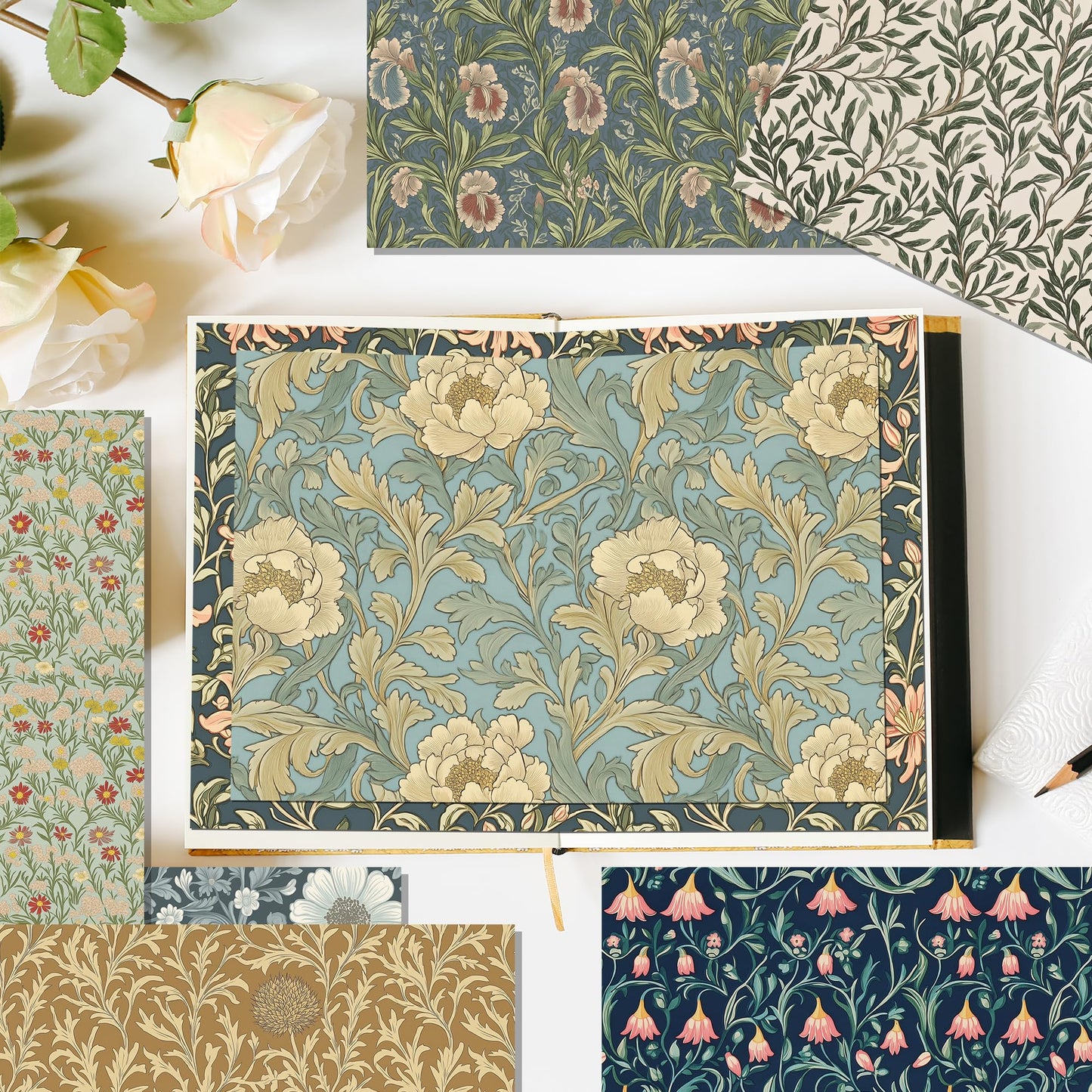 24 Sheets William Morris Pattern Paper 12'' x 12'' William Morris Floral Scrapbook Paper Vines and Flower Patterned Double-Sided Cardstock Pack for Scrapbooking Background DIY Card Making Origami