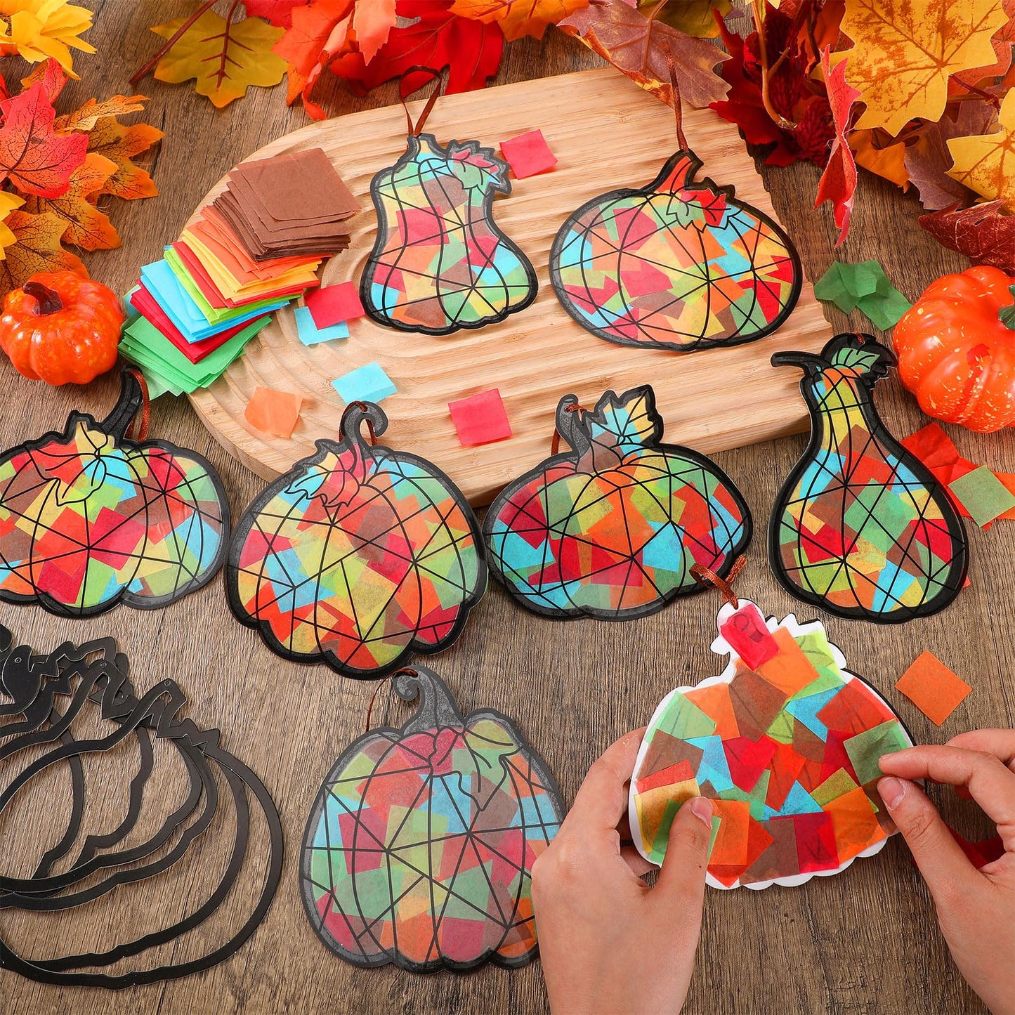 Eersida 32 Pcs Thanksgiving Pumpkin Suncatchers Paper Craft Set Fall DIY Pumpkin Shaped Stained Glass Tissue Paper Kit Bulk for Autumn Thanksgiving Classroom Activities Party Window Art Decor