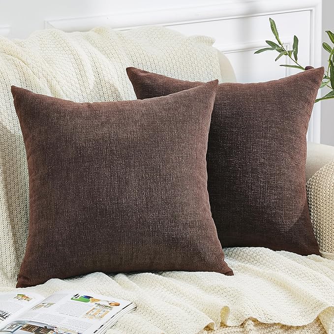 GAWAMAY Decorative Square 16x16 Inch Throw Pillow Covers Set of 2, Super Soft Chenille Pillows Farmhouse Fall Pillowcase for Living Room Bedroom Sofa Couch Cushion Cover Coffee 40x40cm (No Inserts)