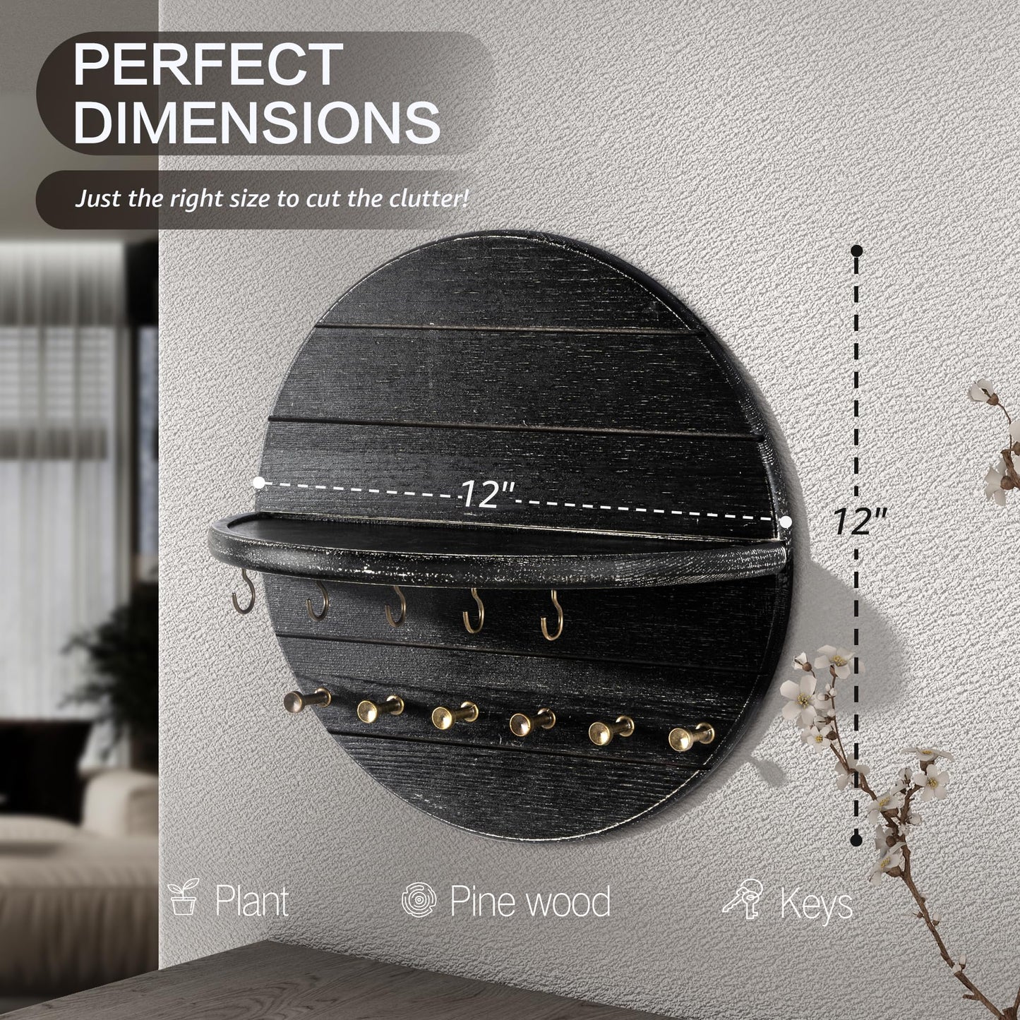Rebee Vision Pine Wood Key Holder Wall Mount Decorative - Round Wooden Rustic Key Holder for Wall with 11 Hooks and Shelf - Circular Design for Home Decor Aesthetic & Entryway (Old Black)
