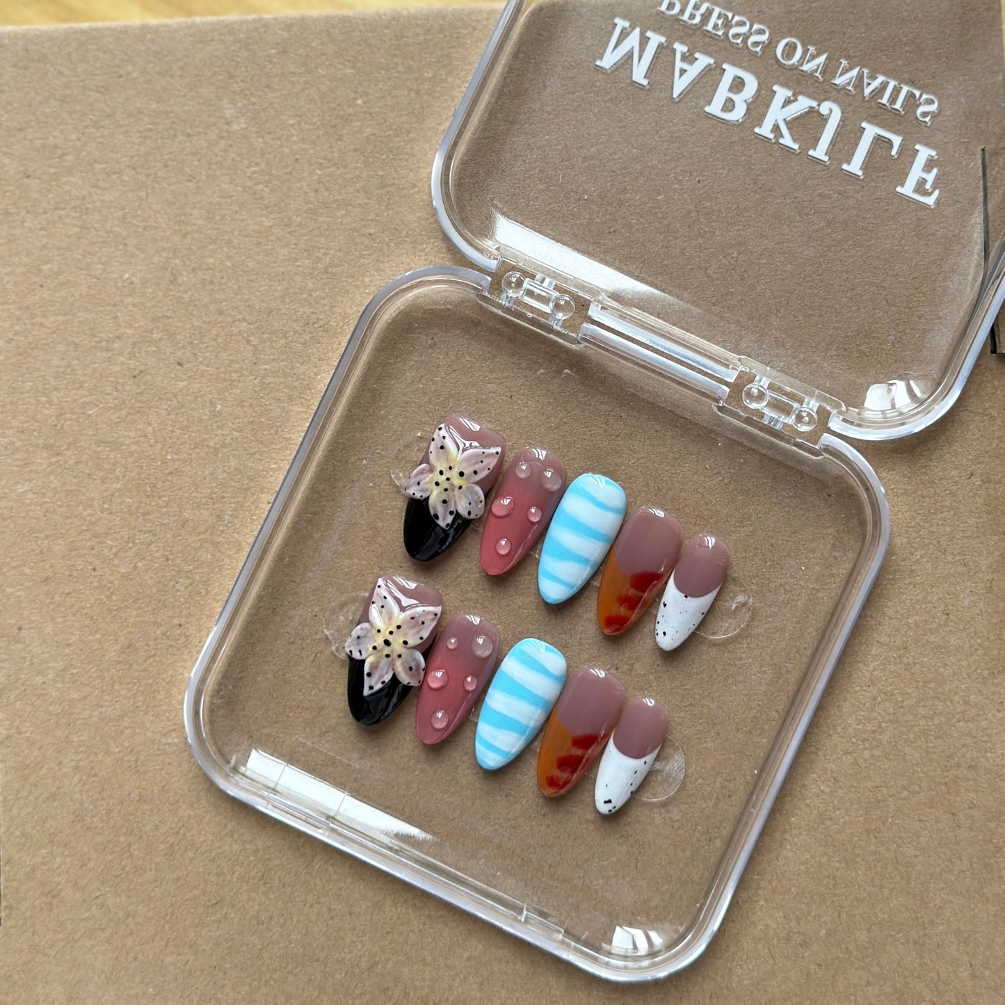 Luxury Press on Nails Medium Almond Handmade 3D Unique Reusable ABS Material Fake Nails French Tip False Nails with Designs Flower Water Drop Art Petal Glossy Glue onThick Acrylic Nails(M)