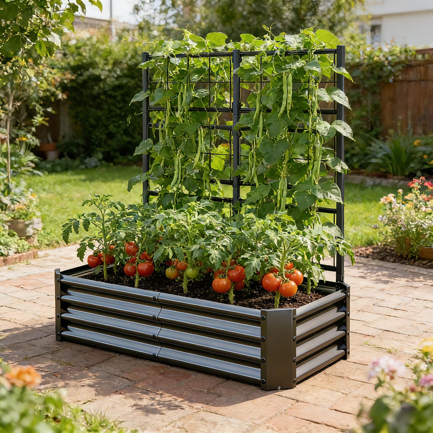 Galvanized Raised Garden Bed with Trellis for Climbing Plants Outdoor,Metal Vertical Garden Planter Box for Patio,Heavy Duty Elevated Garden Bed for Vegetables Tomatoes Cucumbers Flowers Herbs,Black
