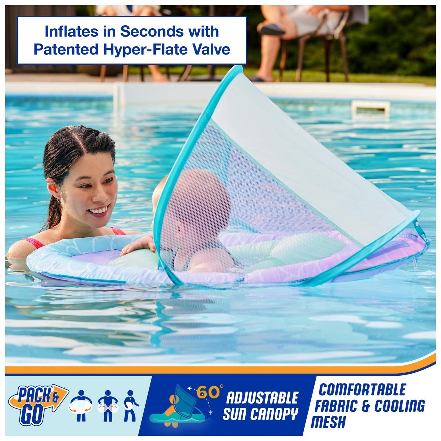 SwimWays Baby Spring Float, Baby Pool Float with Canopy, Swim Training PFD, Swimming Pool Accessories for Babies and Toddlers 9-24 Months, Mermaid