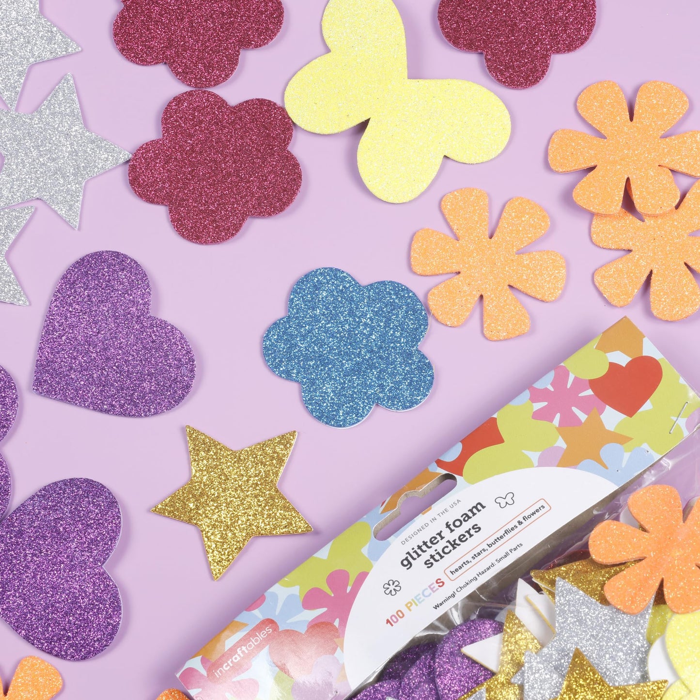 Incraftables Glitter Self Adhesive Foam Stickers for Kids, 100pcs Heart, Star, Butterfly, Flower Shapes, Multicolor, Felt Material, Modern Style, Indoor Use, Stickers for Kids & Adults