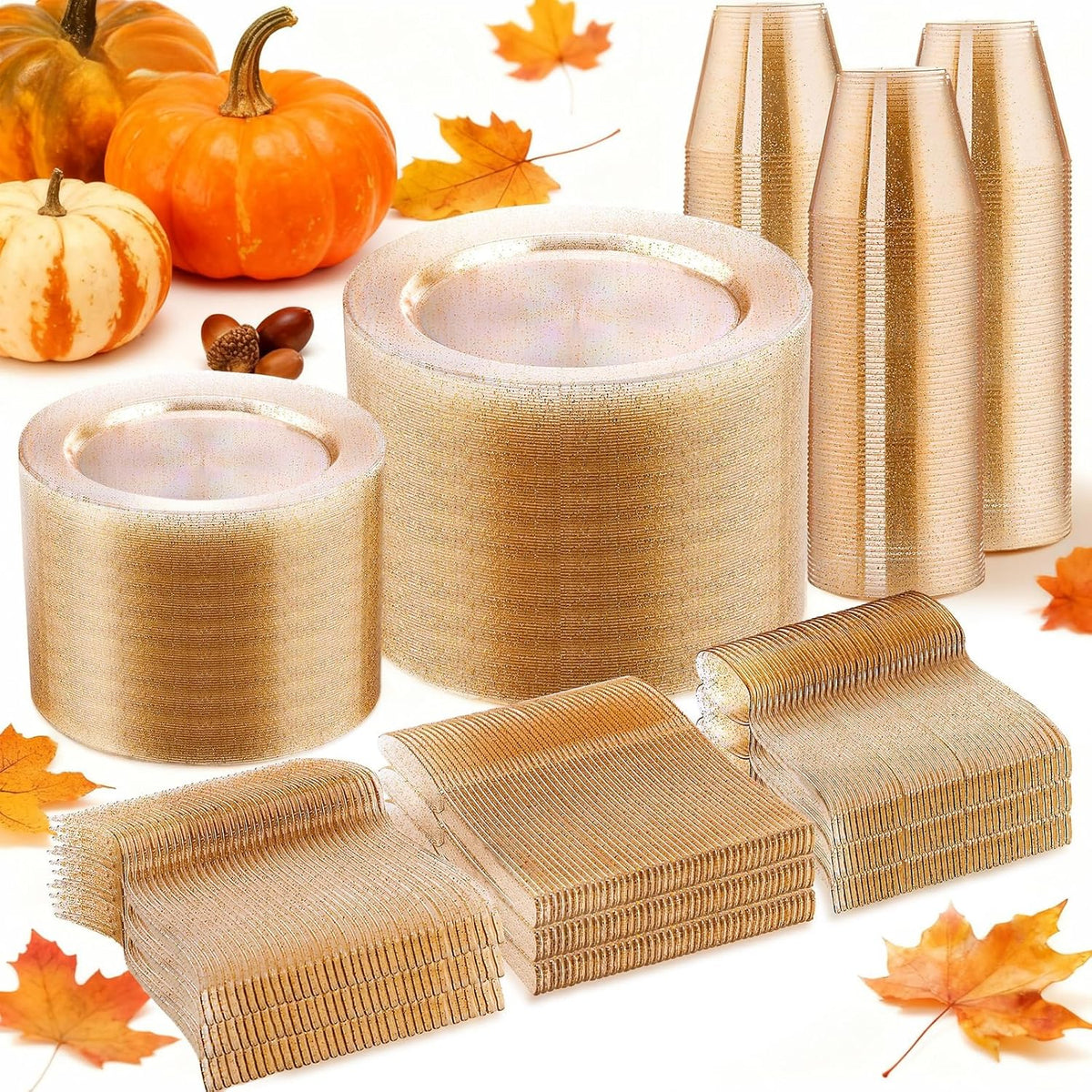 WELLIFE 600 PCS Gold Glitter Disposable Dinnerware Set for 100 Guests, Plastic Plates for Party, Including 100 Dinner Plates, 100 Salad Plates,Cups,Silverware Set for Wedding and Party Supplies