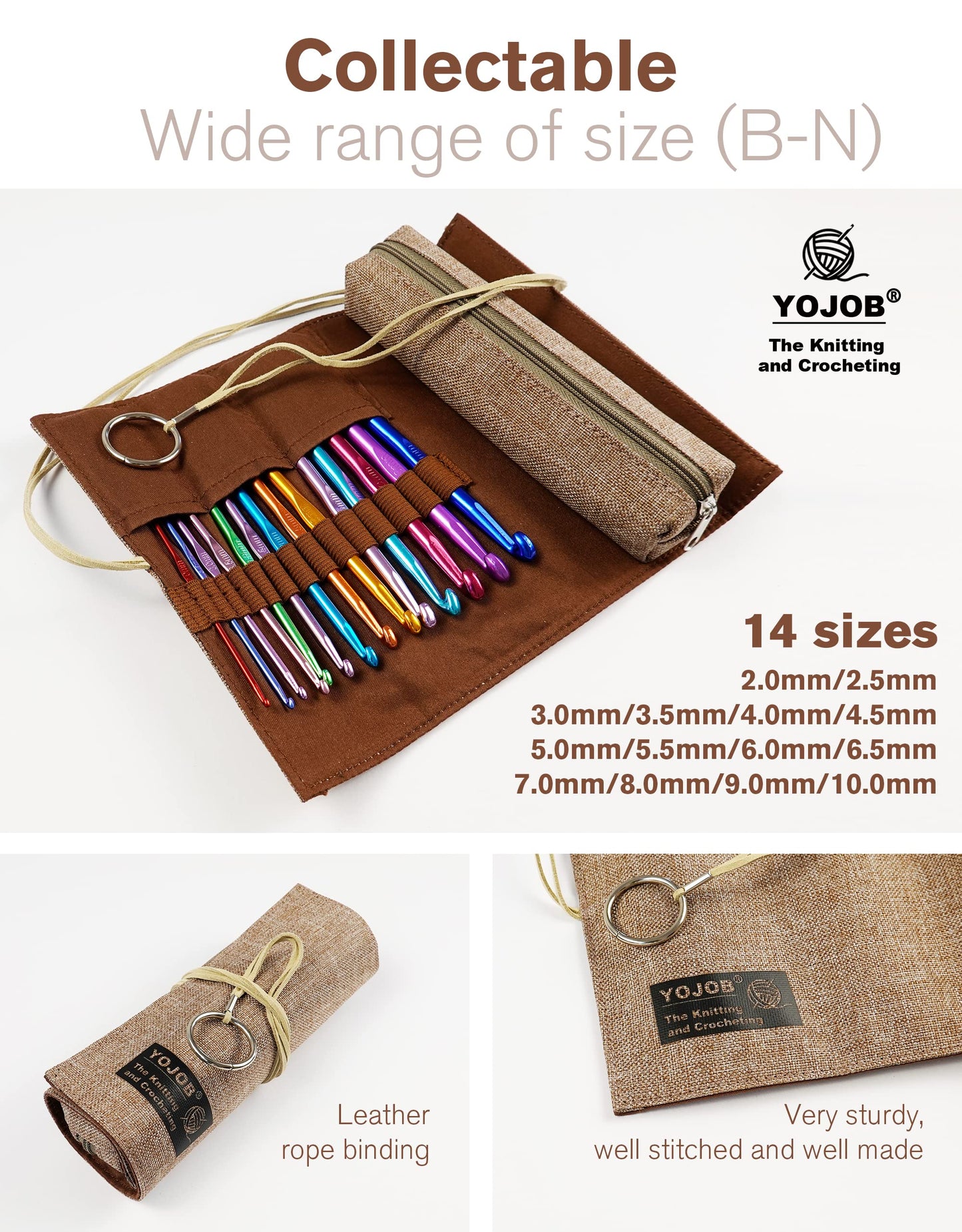 YOJOB Traditional 14 Sizes Crochet Hooks Kit, Super Smooth Crochet Needle for Beginners or Advanced (Coffee)