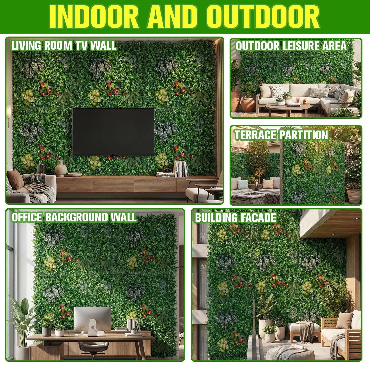 6pcs 39.37"X39.37" PE Artificial Grass Wall Panel, 8-Plant Mixed Foliage, Easy DIY Installation with Zip Ties, Indoor Outdoor Privacy Screen for Home Garden Wedding Decoration