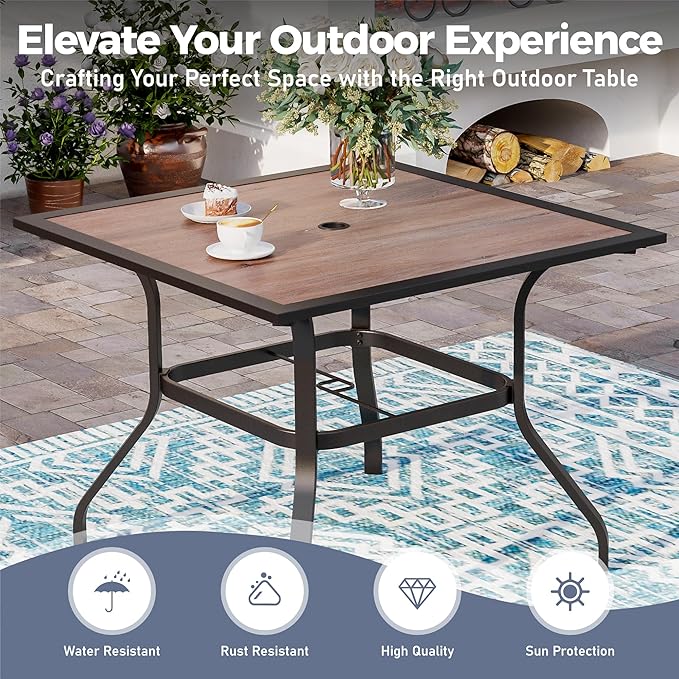 5 Piece Patio Dining Set for 4, 37”x37” Square Table (PVC Wood-Like Table Top) with 1.57" Umbrella Hole, 4 Metal Brown Chairs, Outdoor Table and Chairs Set for Lawn Backyard and Deck