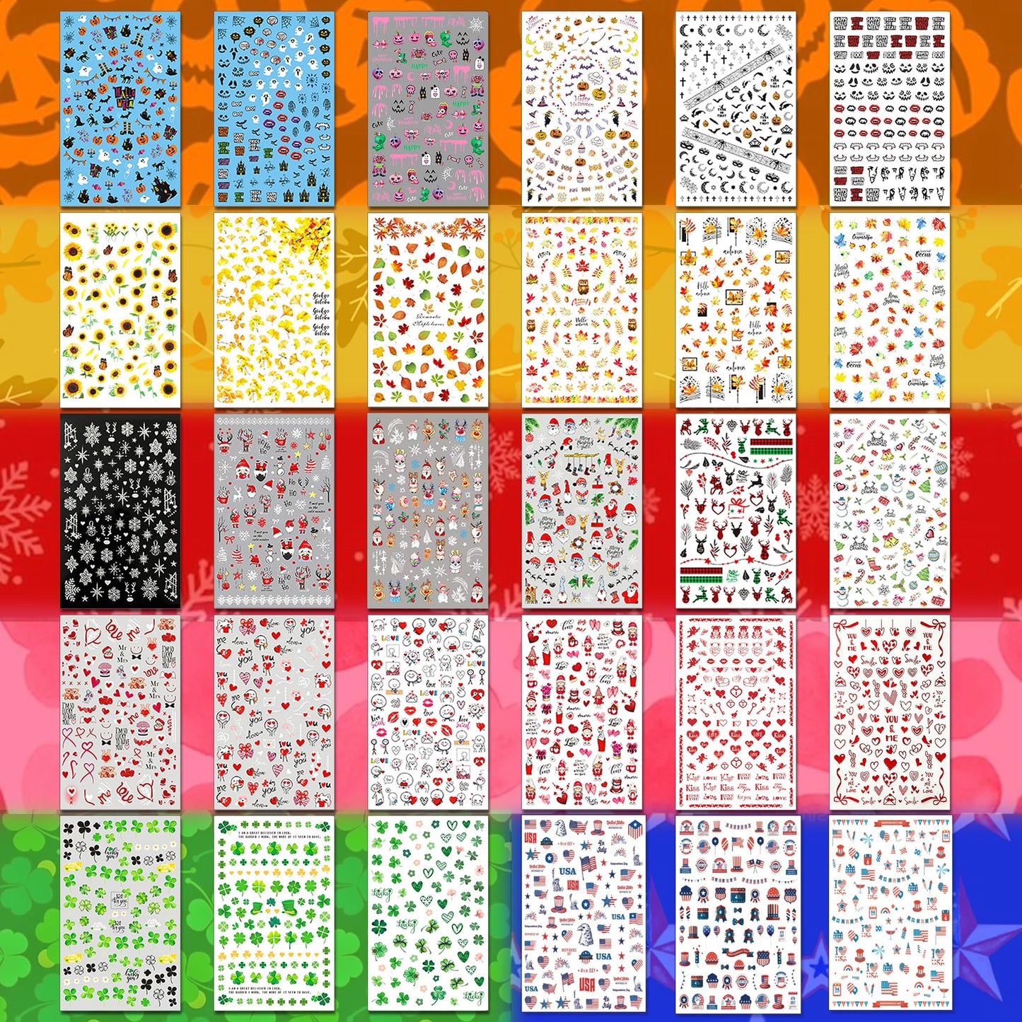 IDDFEVE 30 Sheets All Holiday Nail Art Stickers, Variety Pack Seasonal Nail Decals for All Year, Self-Adhesive Pegatinas Uñas St. Patrick's Independence Day Halloween Fall Christmas Heart Design