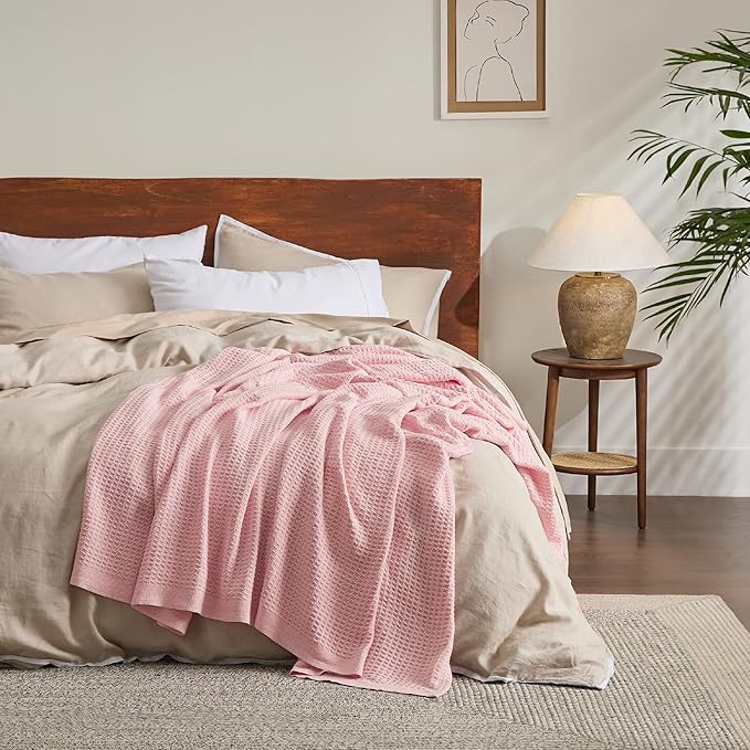 Bedsure 100% Cotton Blanket King Size for Bed - Breathable and Soft, Waffle Weave Blanket for Summer Spring, Pink, 104x90 inches