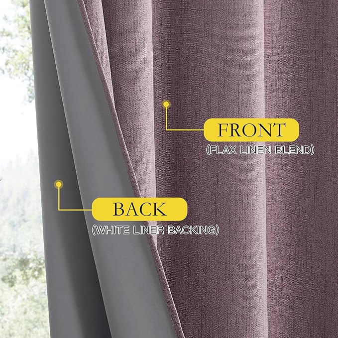 NICETOWN Chaise Mauve Vintage Linen 100% Blackout Curtains for Living Room, Thermal Insulated Curtains 120“ Long, Noise Reducing Window Treatment Drapes for Home Office, 62" Wide Per Panel, Set of 2