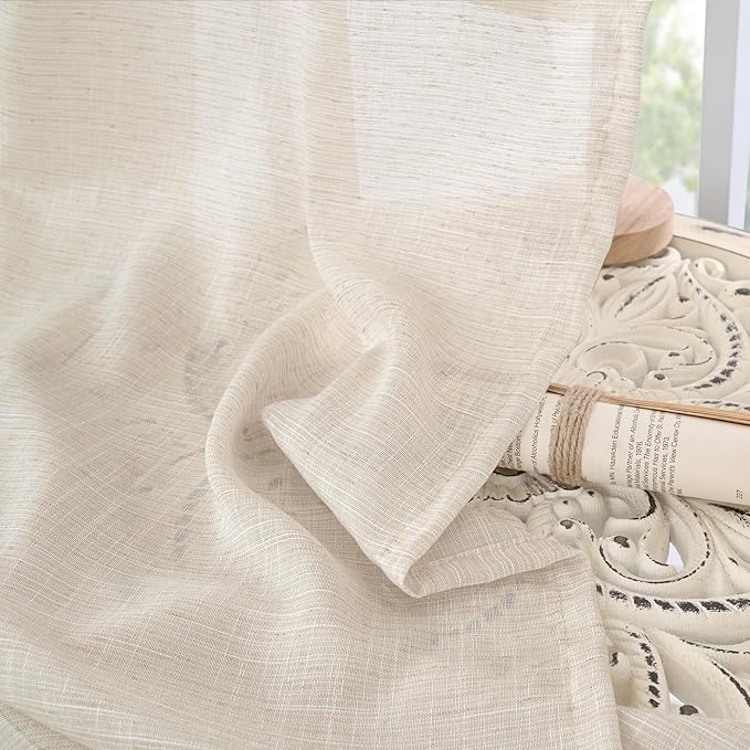 BGment 36 Inch Length Oatmeal Linen Curtains for Kitchen Window - Small Half Drapes Light Filtering Semi Sheer Natural Textured with Rod Pocket for Cafe Bathroom, 2 Panels Set, 30 X 36 Inch