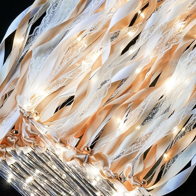 Unittype Wedding Wands Ribbon Streamers with Bells LED Fairy Light up Silk Fairy Wand Glow in the Dark Flashing Lace Stick for Wedding Birthday Party Favors (Champagne & Warm White LED,24 Pieces)