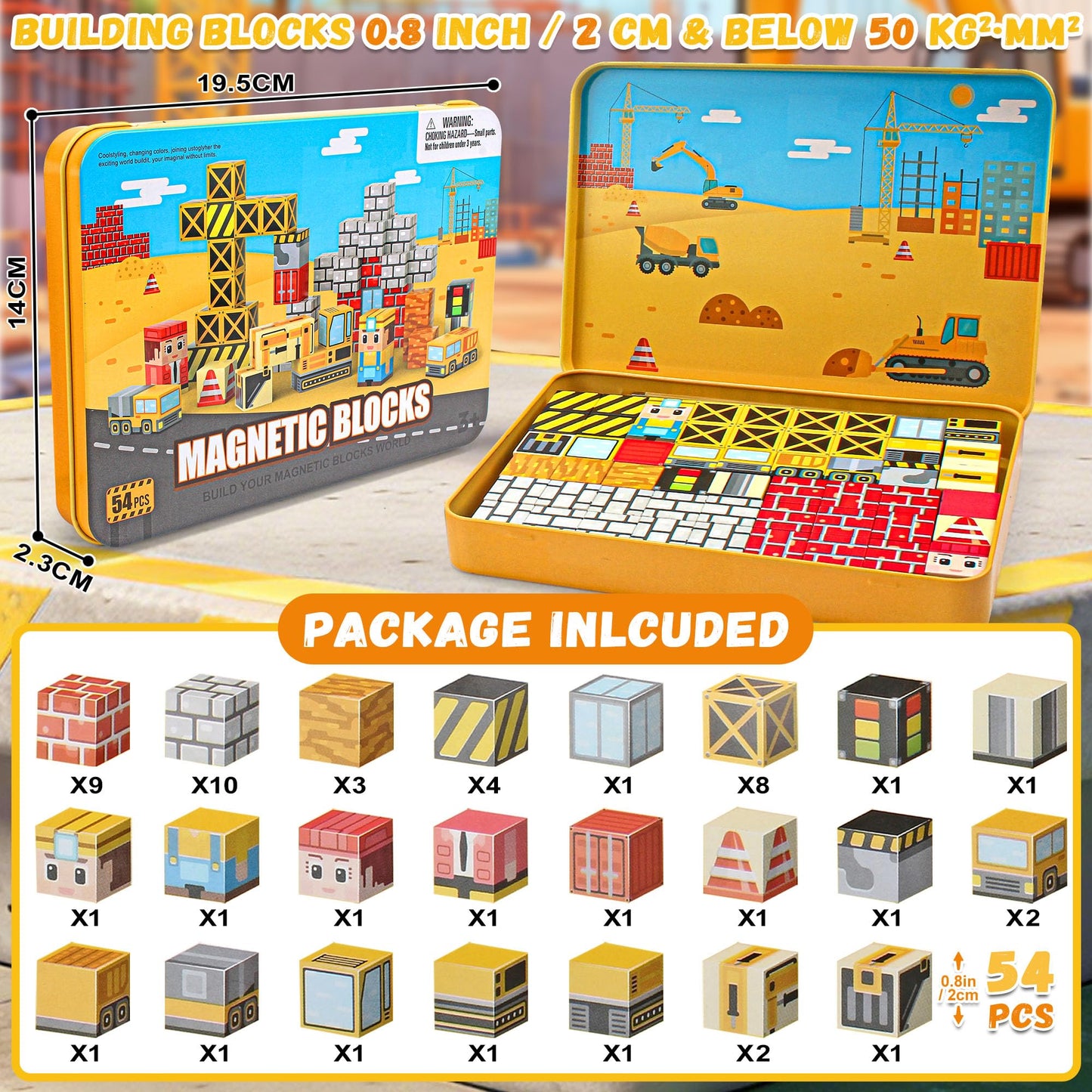 CREAFOMIFE 54 Pcs Mini Magnetic Blocks Travel Toys with Portable Iron Storage Box for Kids 3+, Construction Themed Toddler Magnetic Cubes for Airplane & Car Ride